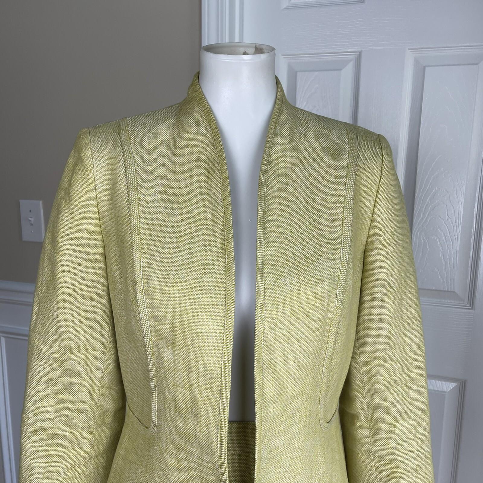 KASPER Women 2PC Light Green Linen Open Front Stand Up Collar Skirt Suit Size 6