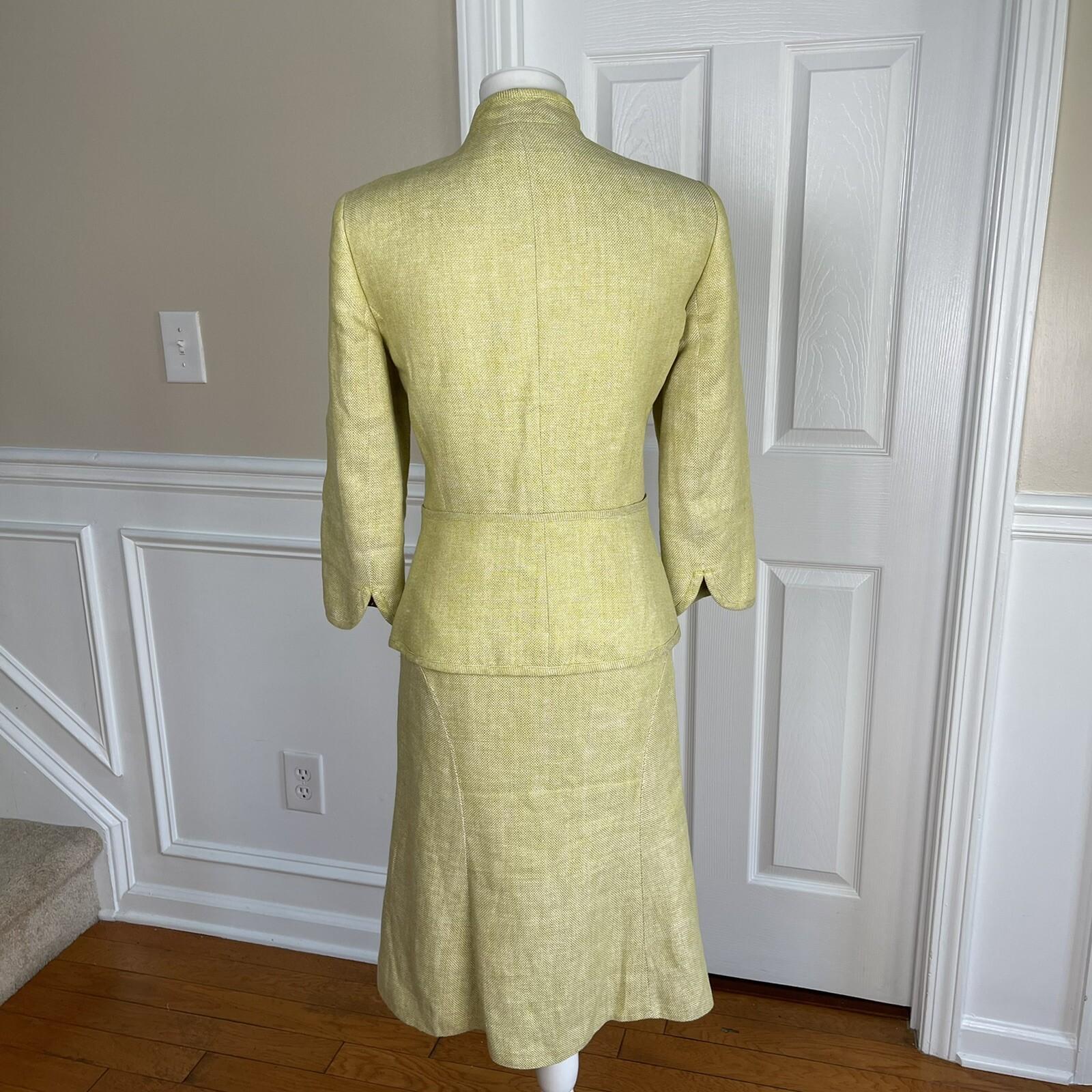 KASPER Women 2PC Light Green Linen Open Front Stand Up Collar Skirt Suit Size 6