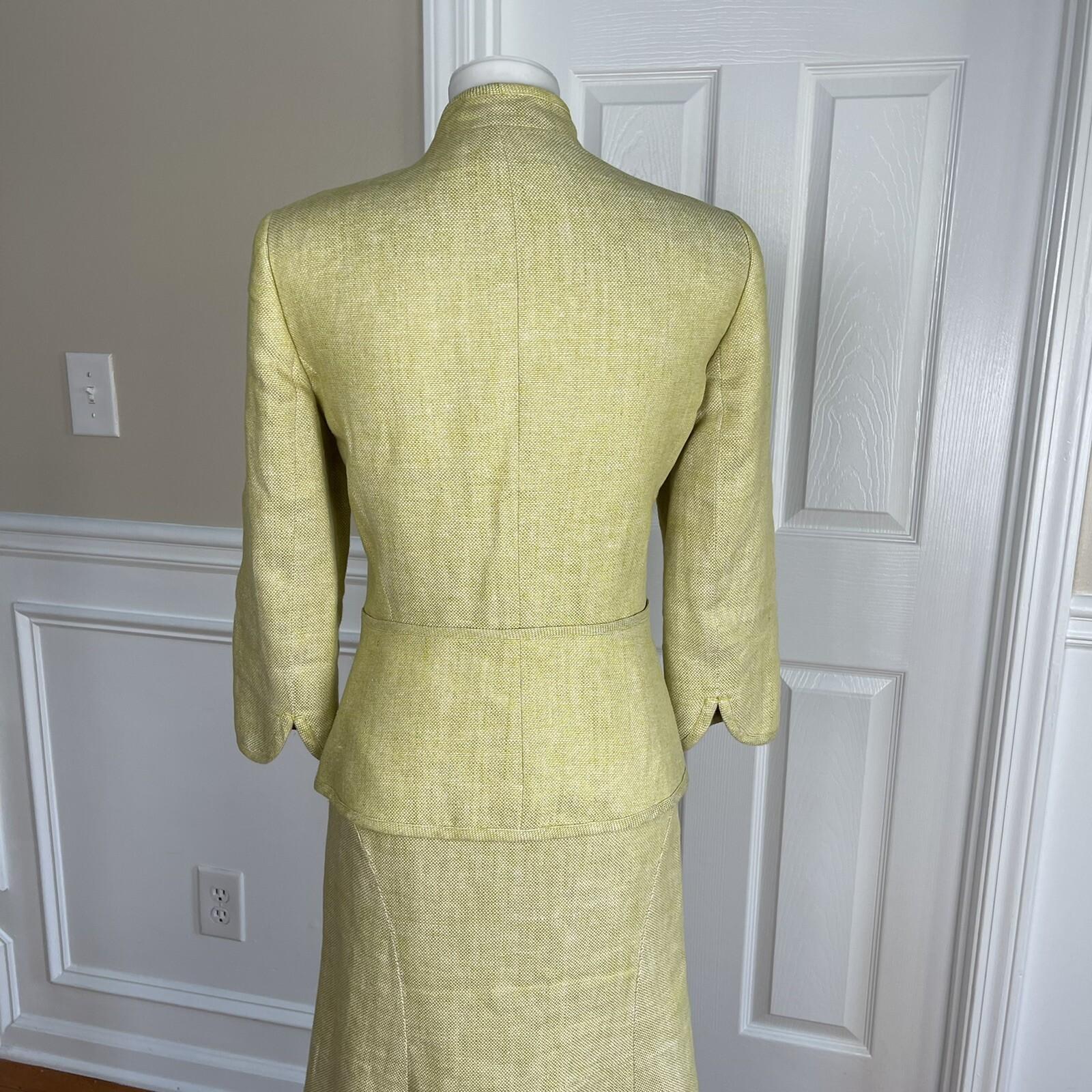 KASPER Women 2PC Light Green Linen Open Front Stand Up Collar Skirt Suit Size 6
