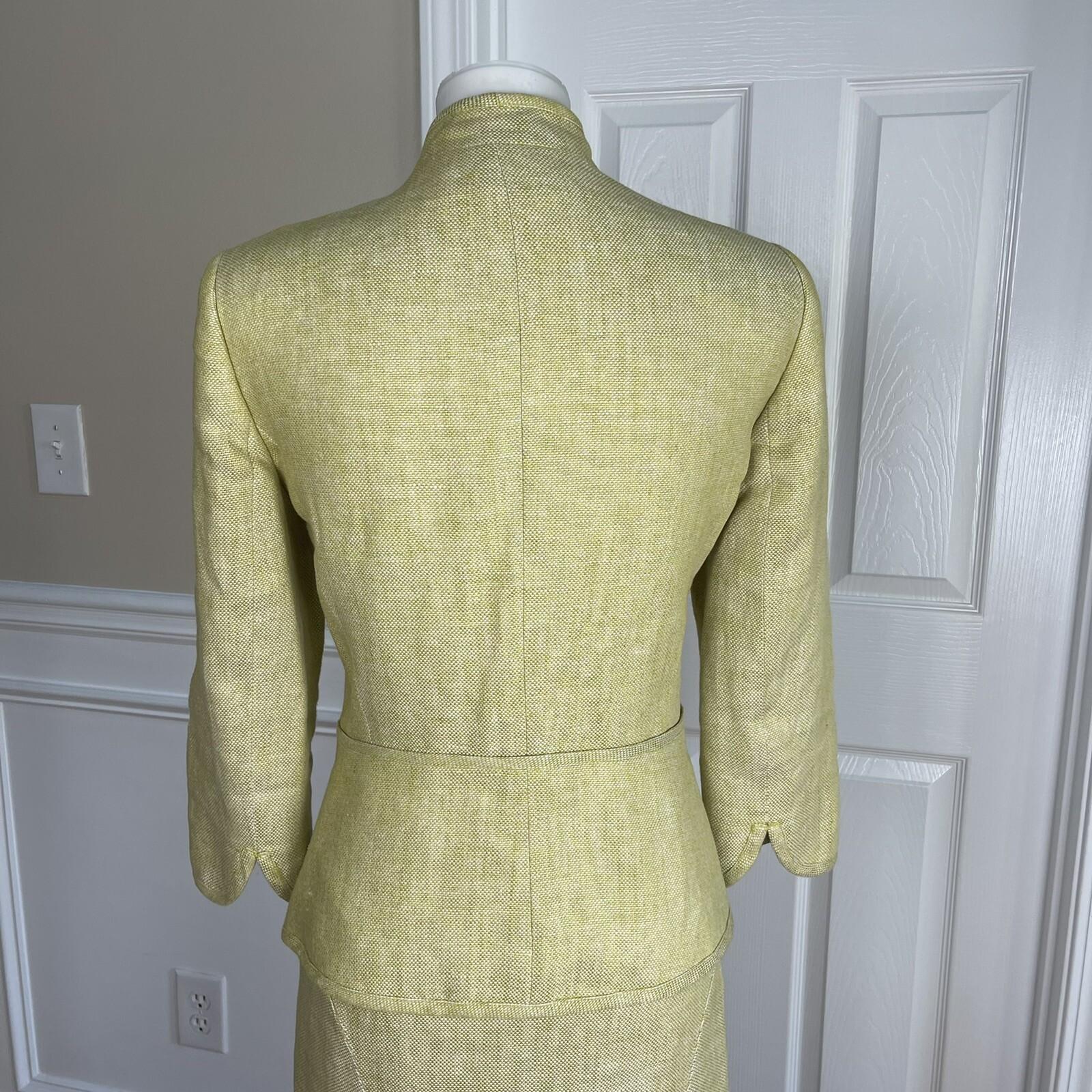 KASPER Women 2PC Light Green Linen Open Front Stand Up Collar Skirt Suit Size 6