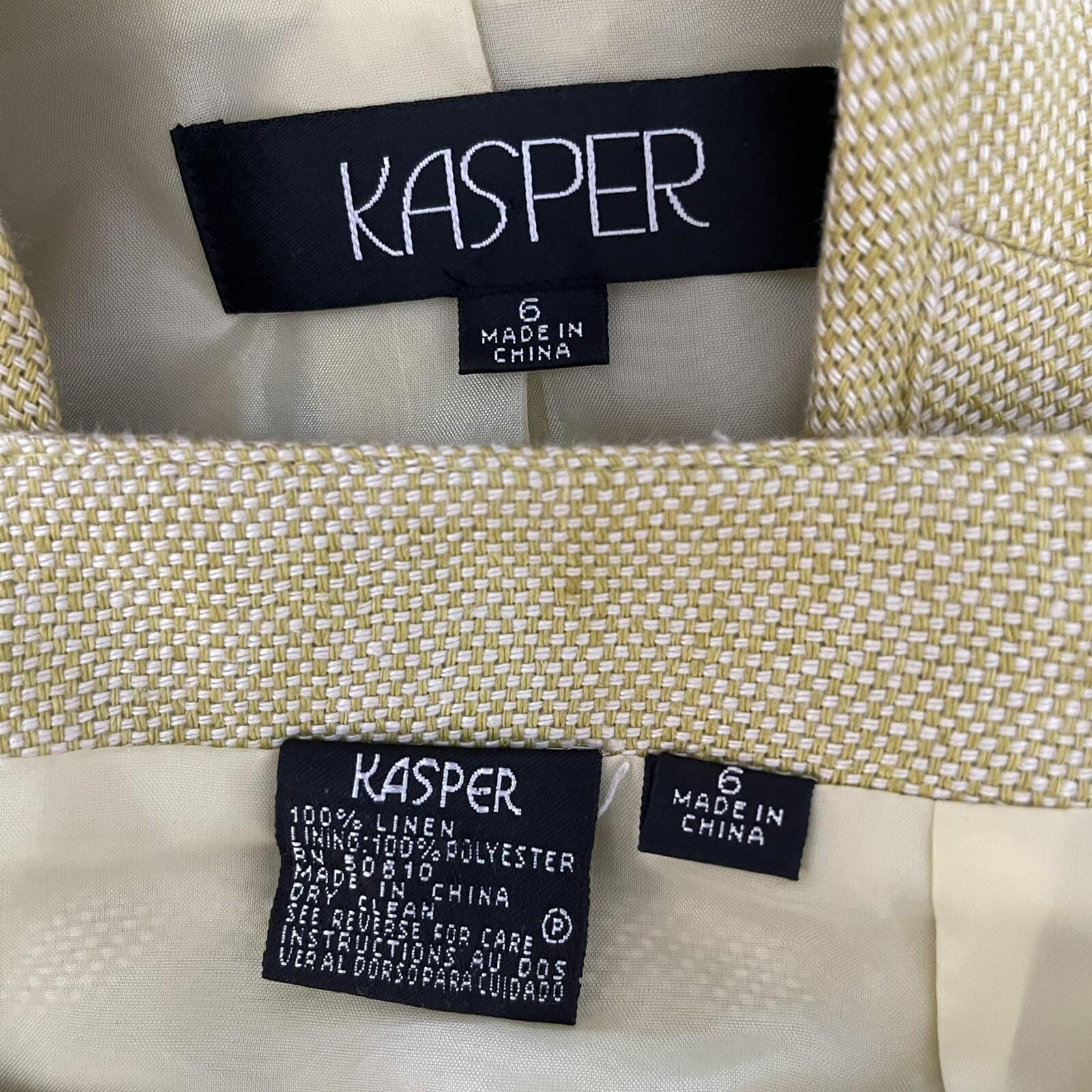 KASPER Women 2PC Light Green Linen Open Front Stand Up Collar Skirt Suit Size 6