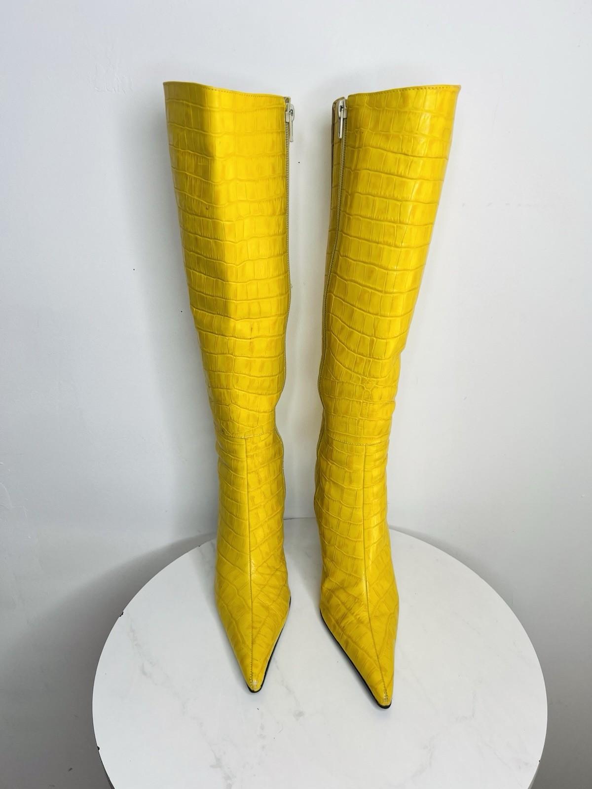 Aldo Leather Knee High Boots 6 Yellow Crocodile Embossed Pointed Toes Siletto