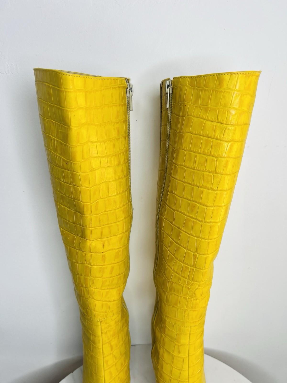 Aldo Leather Knee High Boots 6 Yellow Crocodile Embossed Pointed Toes Siletto