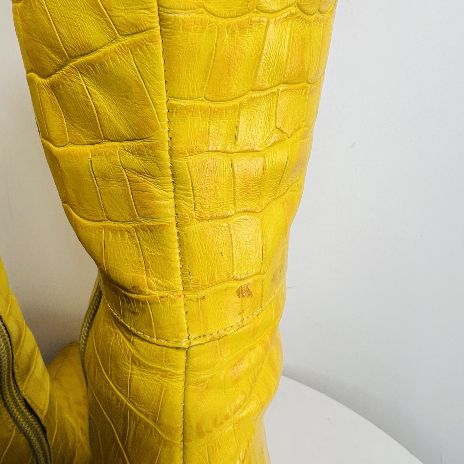 Aldo Leather Knee High Boots 6 Yellow Crocodile Embossed Pointed Toes Siletto