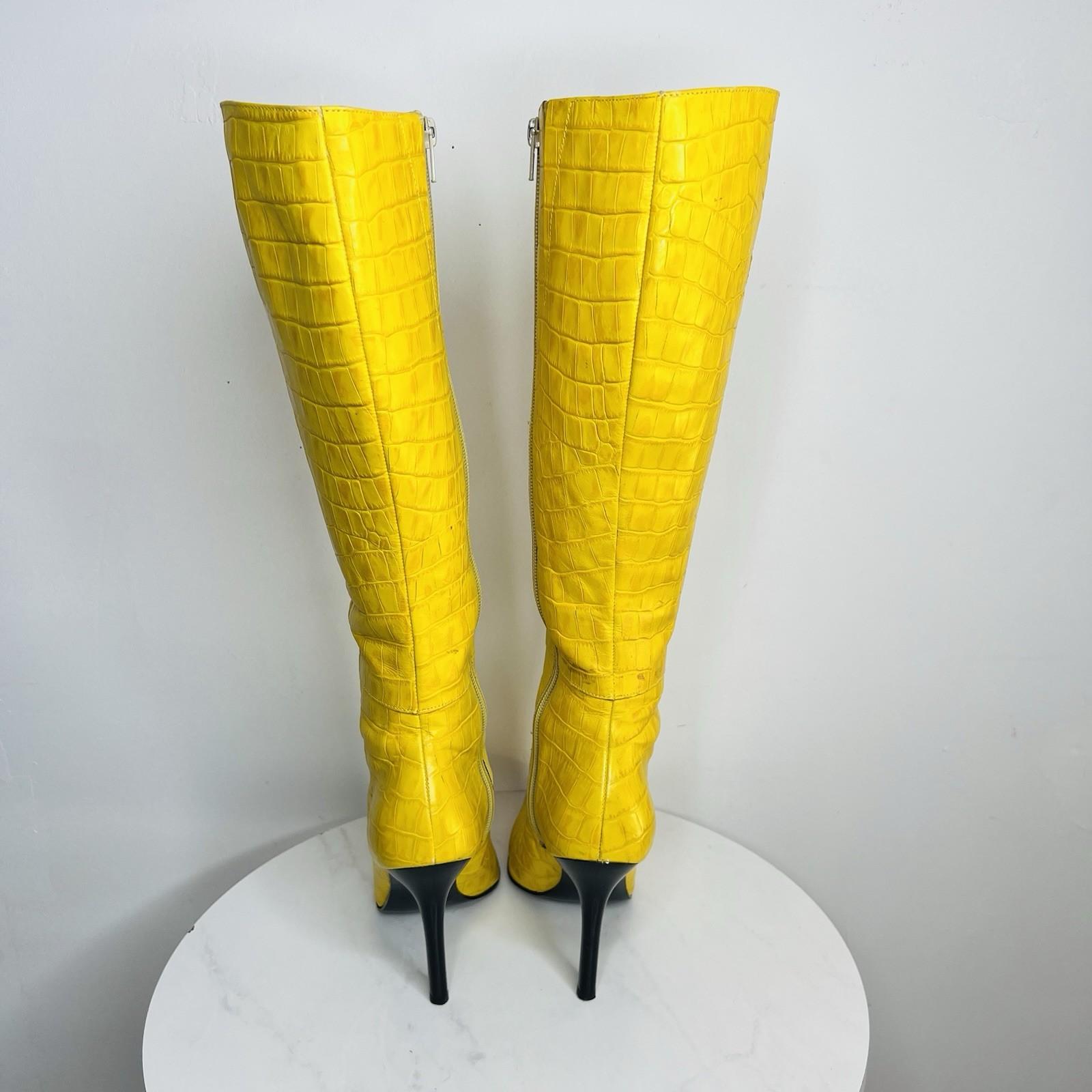 Aldo Leather Knee High Boots 6 Yellow Crocodile Embossed Pointed Toes Siletto