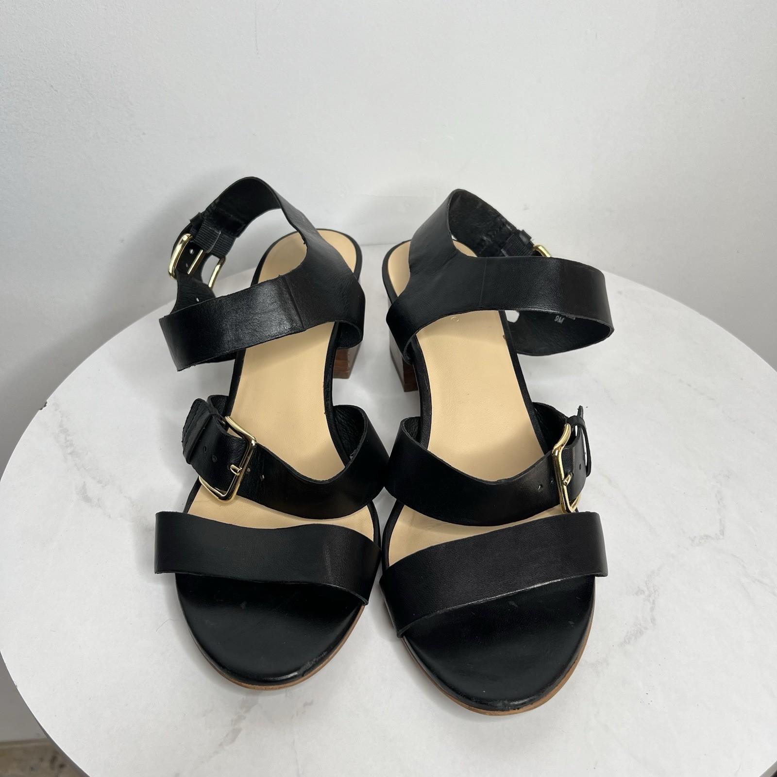 10-2210.jpg Kate Spade NY Black Soft Leather Buckle Ankle Strap Sandals 9M Block Heels