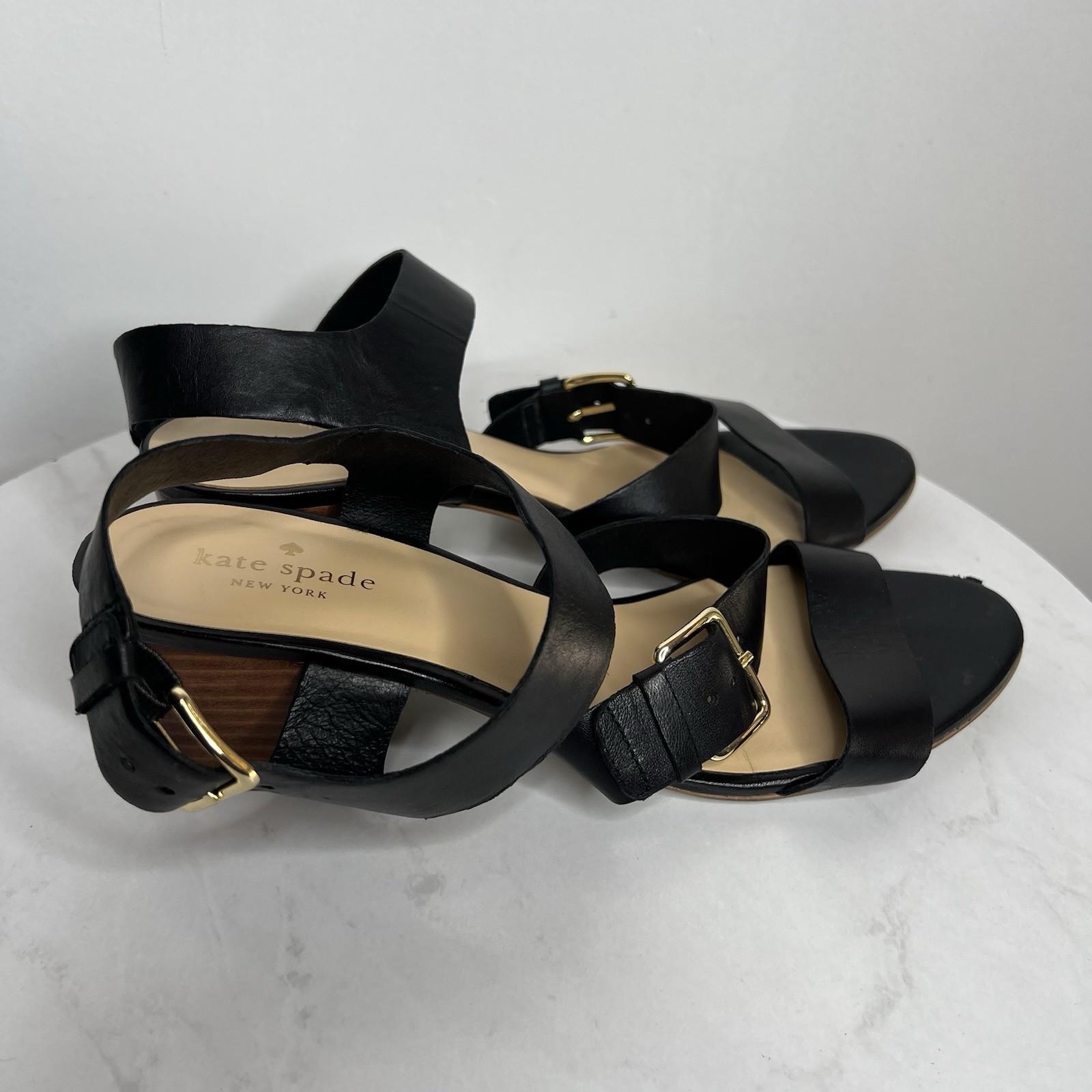 10-2211.jpg Kate Spade NY Black Soft Leather Buckle Ankle Strap Sandals 9M Block Heels