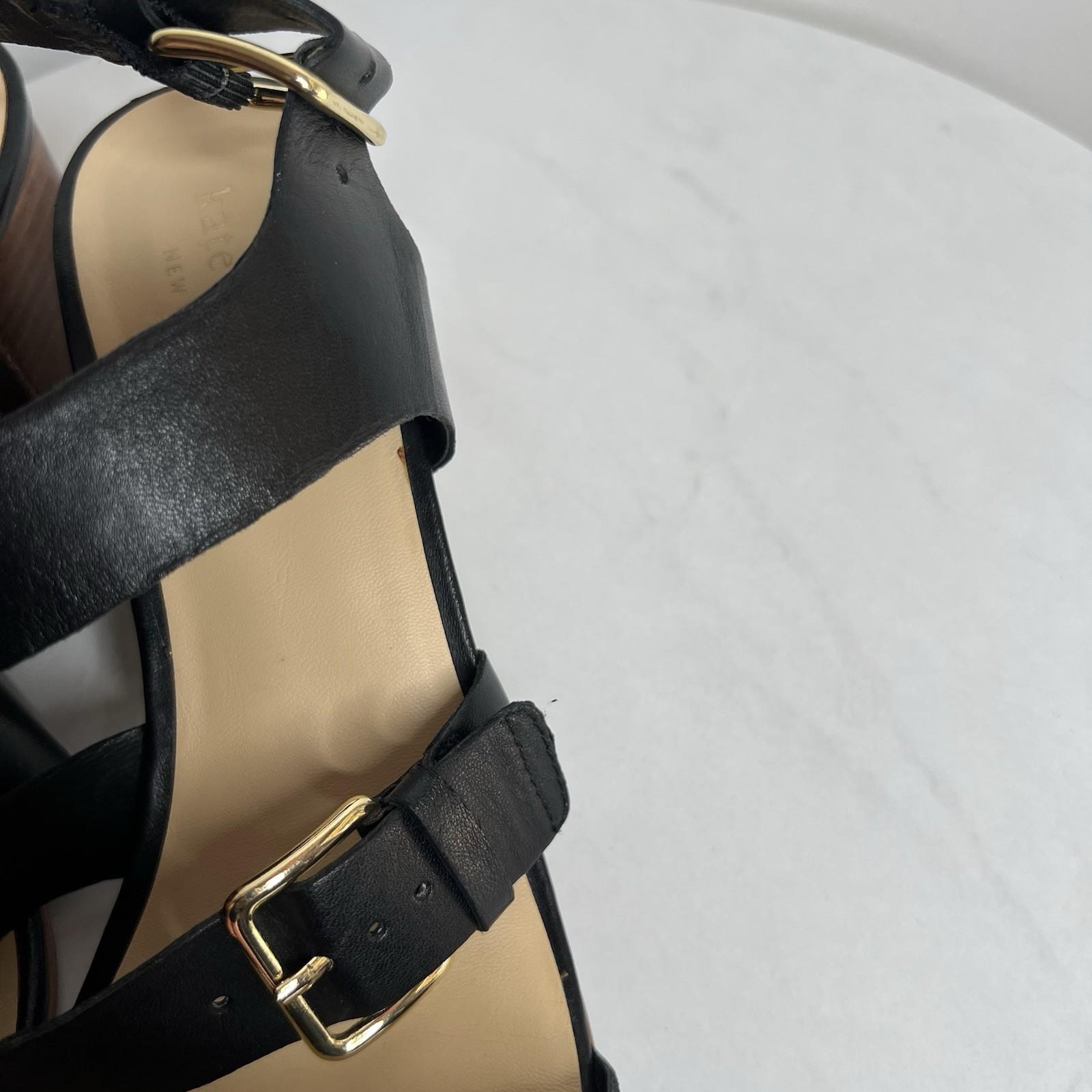 10-2214.jpg Kate Spade NY Black Soft Leather Buckle Ankle Strap Sandals 9M Block Heels