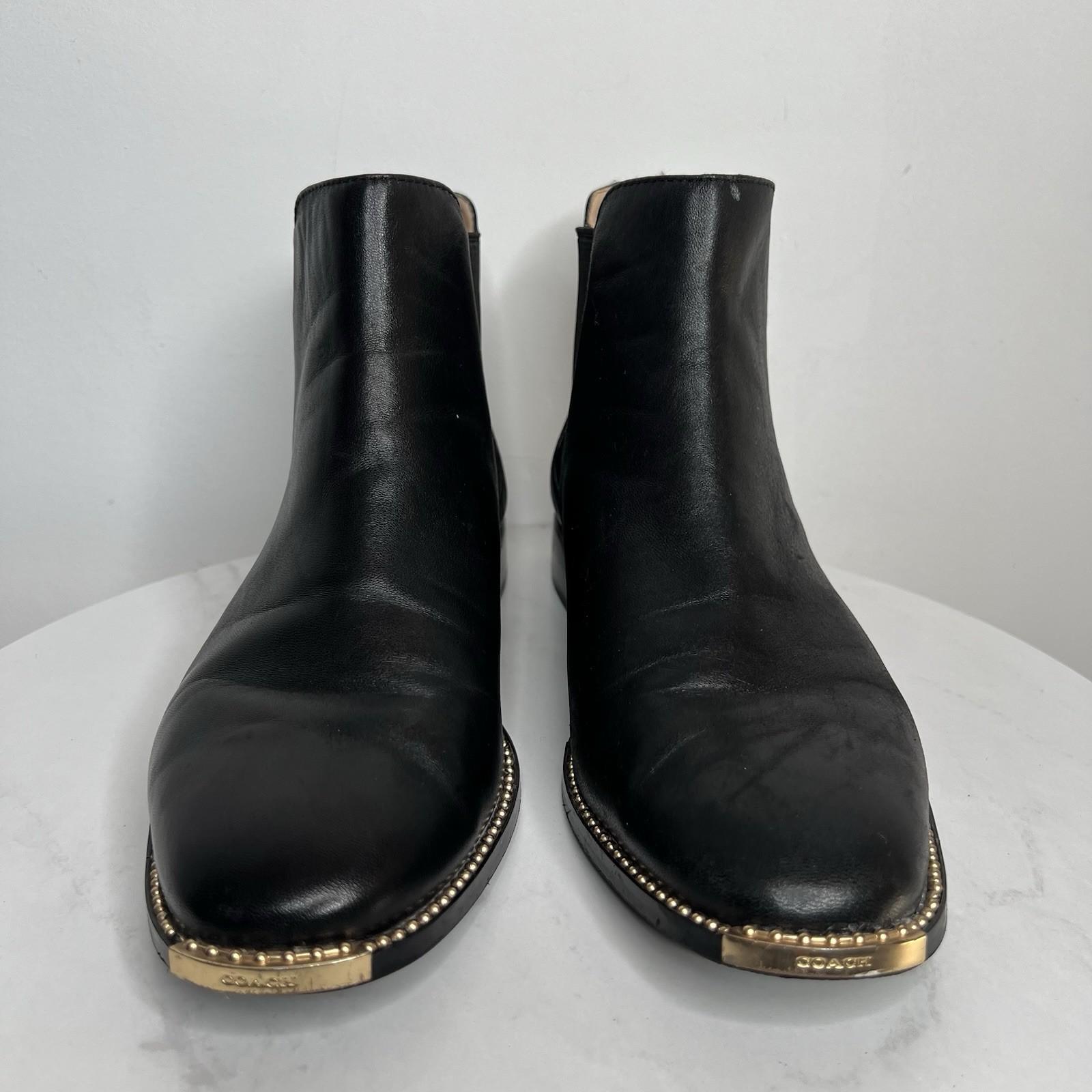 Coach Nichole Leather Booties Size 10 Black Gold Toe Plaque Beadchain Trim