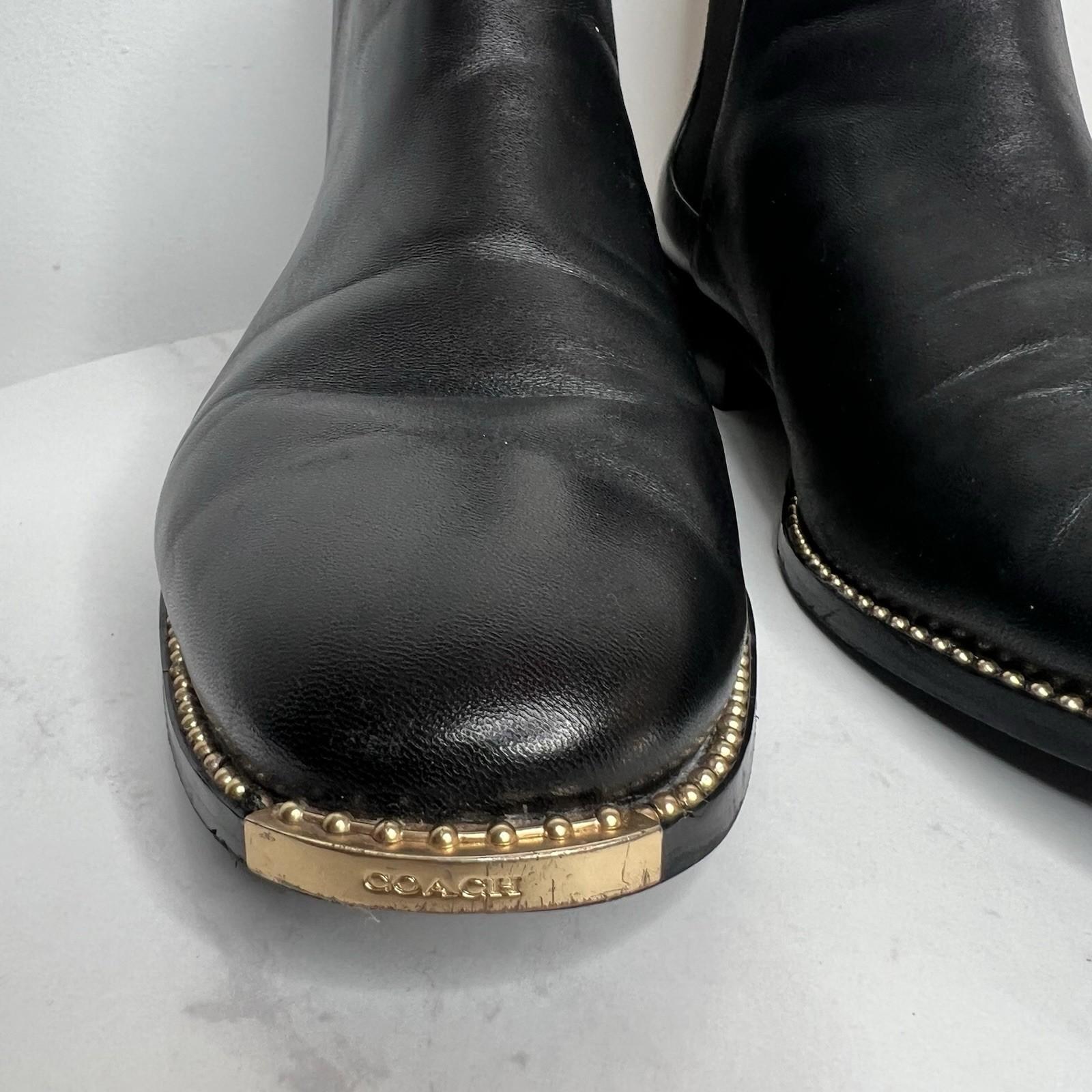 Coach Nichole Leather Booties Size 10 Black Gold Toe Plaque Beadchain Trim