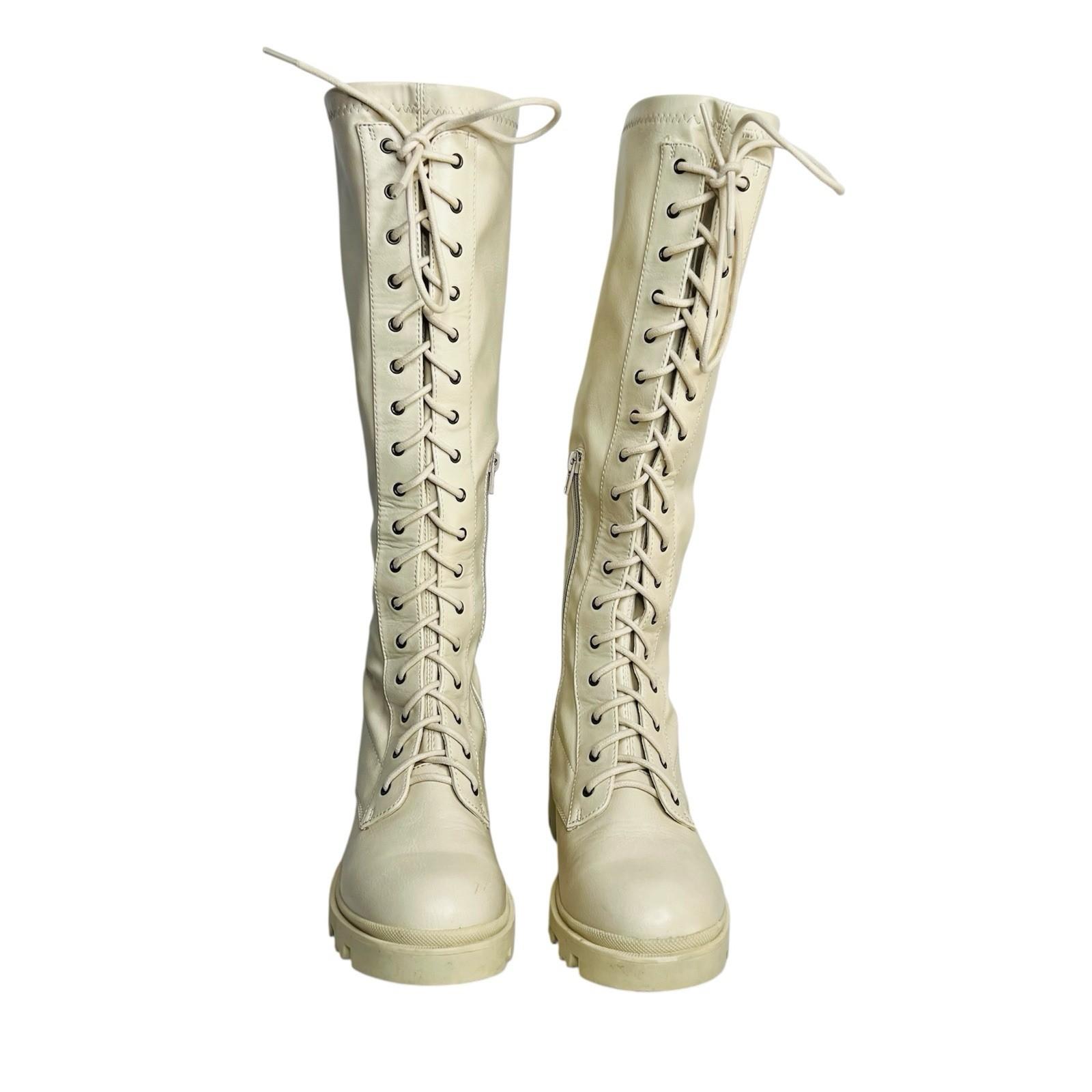 Shoedazzle Faux Leather Knee High Boots 9 Cream ace Zip Balan Lug Sole Padded