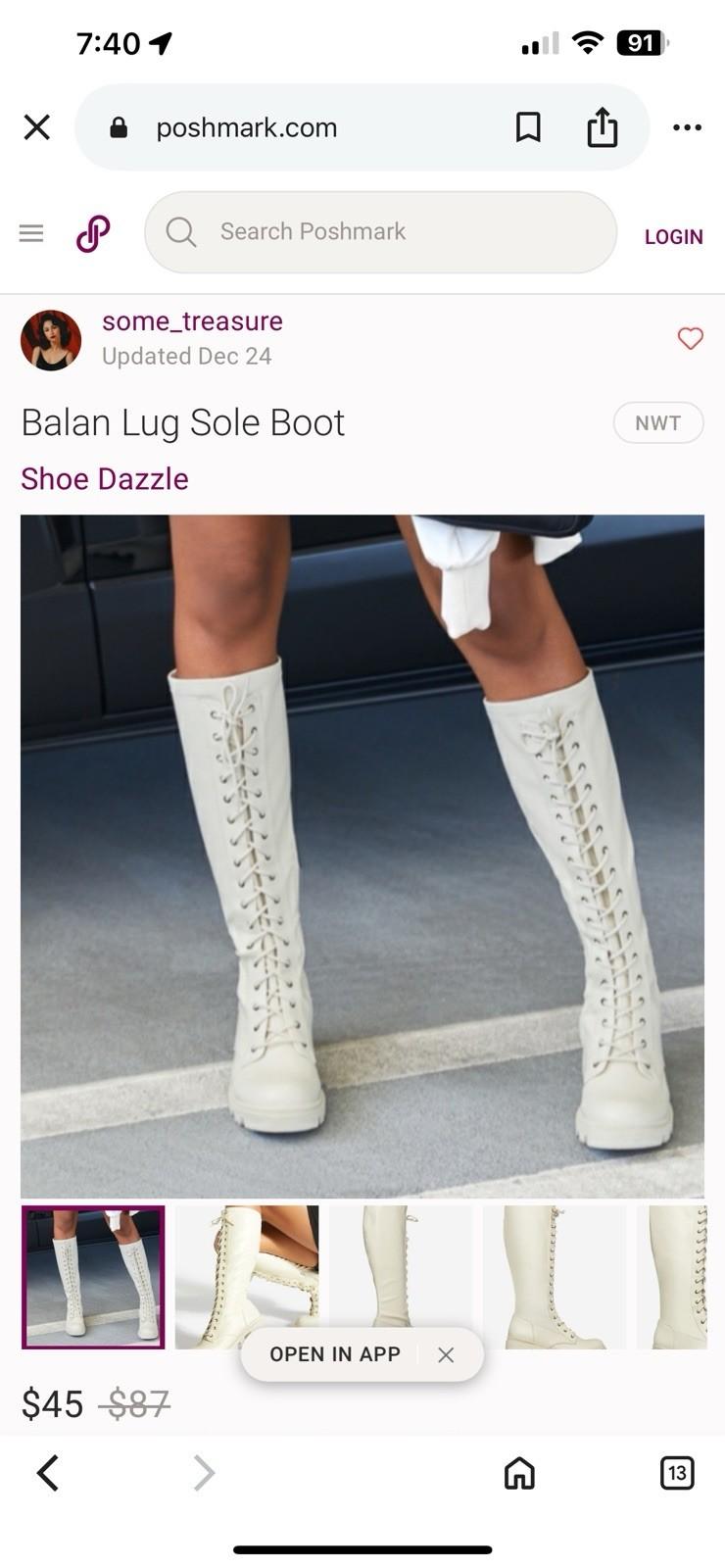 Shoedazzle Faux Leather Knee High Boots 9 Cream ace Zip Balan Lug Sole Padded