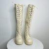 Shoedazzle Faux Leather Knee High Boots 9 Cream ace Zip Balan Lug Sole Padded
