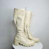 Shoedazzle Faux Leather Knee High Boots 9 Cream ace Zip Balan Lug Sole Padded