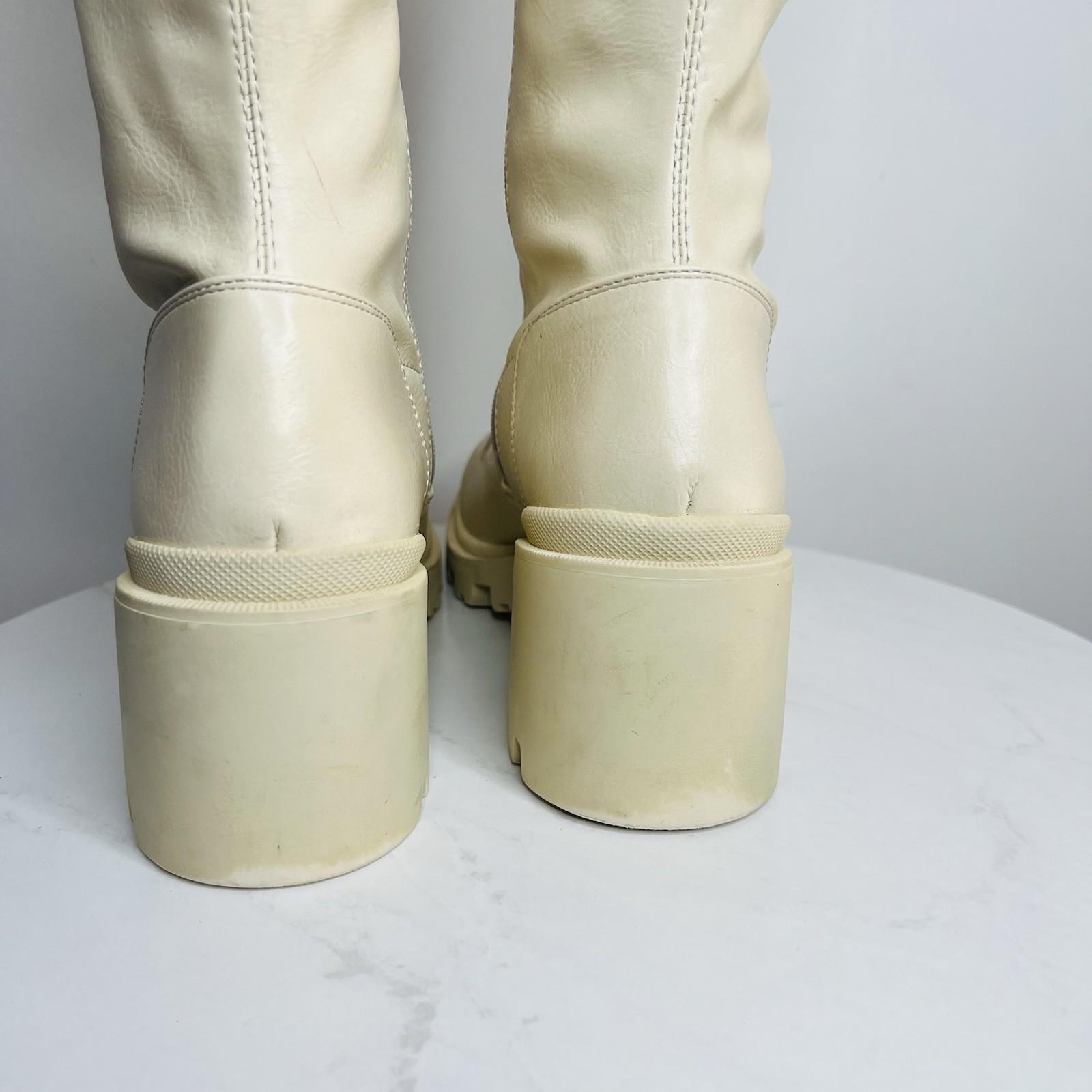 Shoedazzle Faux Leather Knee High Boots 9 Cream ace Zip Balan Lug Sole Padded
