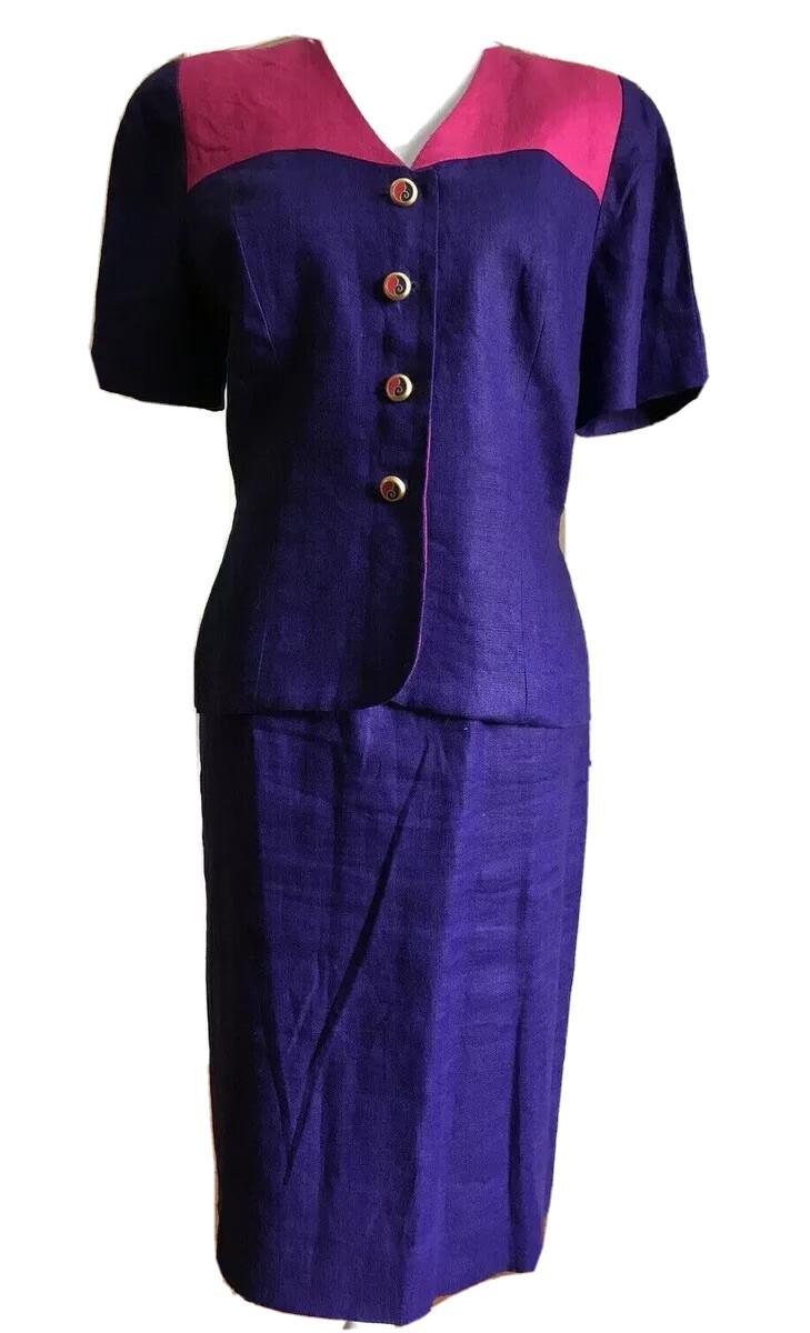 10-2264.jpg LIZ CLAIBORNE Beautiful Linen Pink Purple Short Sleeves Skirt Suit Size 12P