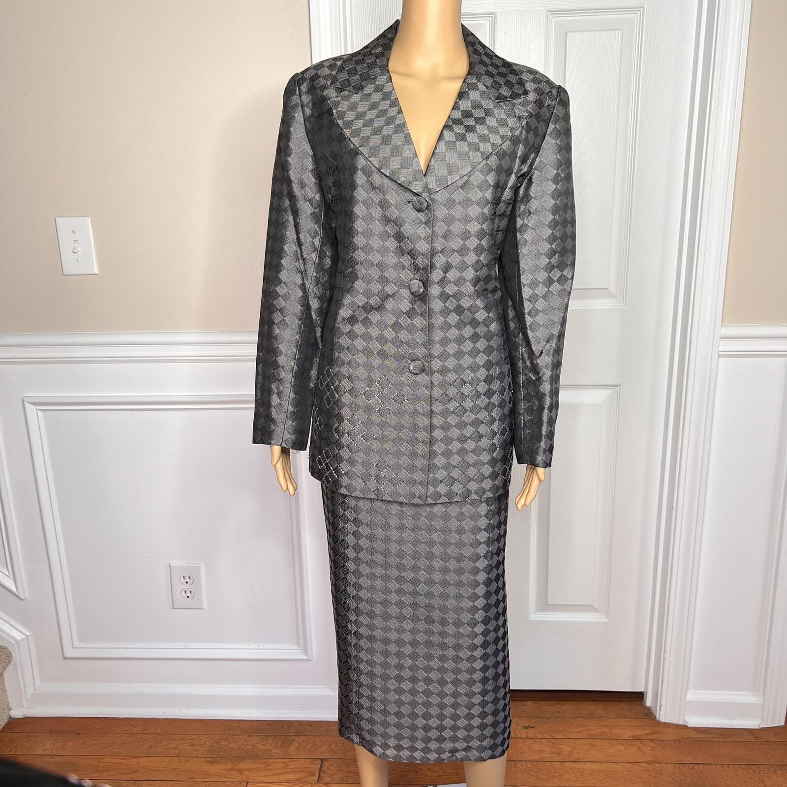 K&B Polyester Metallic Skirt Suit Size 12 Slate Gray Beaded Lined Cocktail  2PC