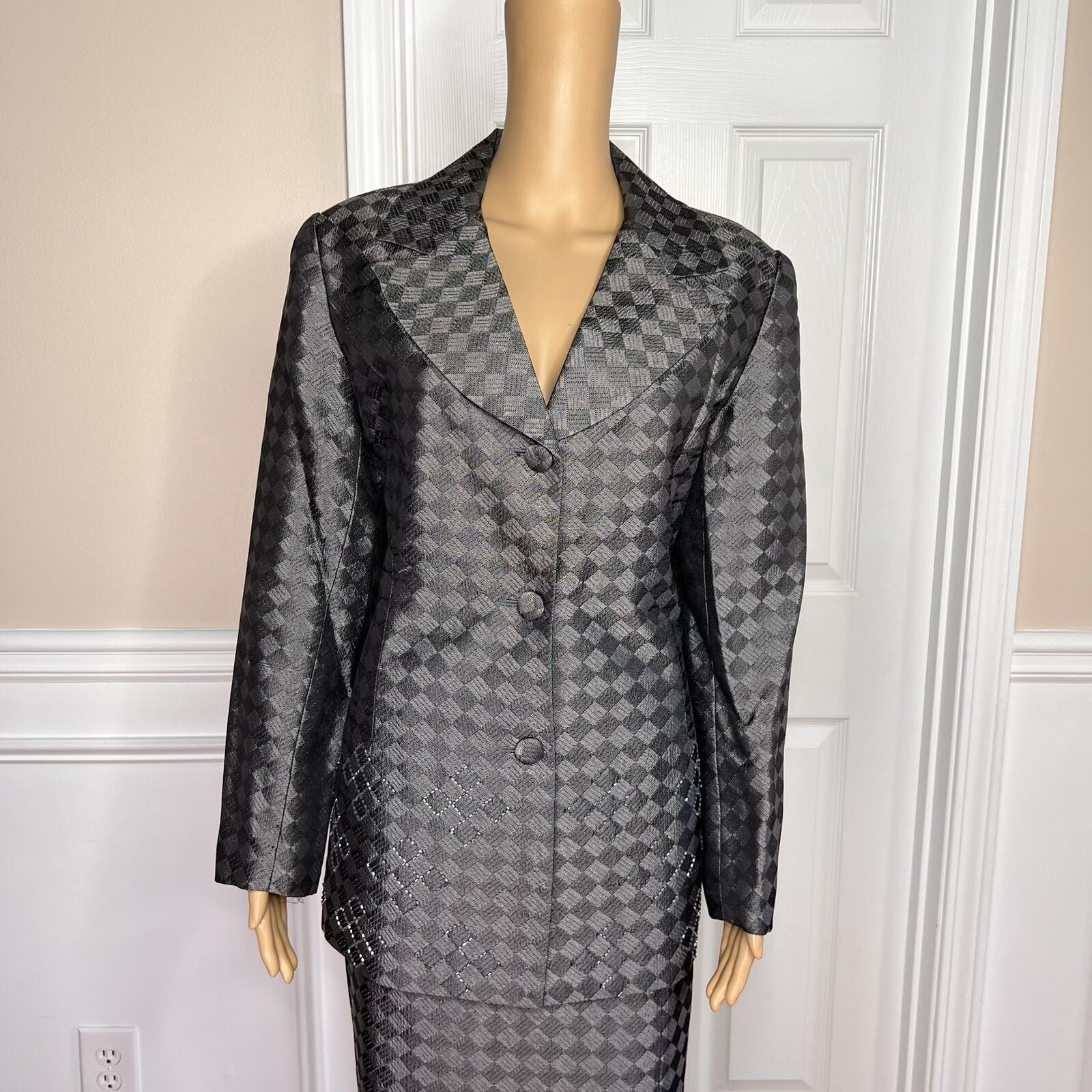 K&B Polyester Metallic Skirt Suit Size 12 Slate Gray Beaded Lined Cocktail  2PC