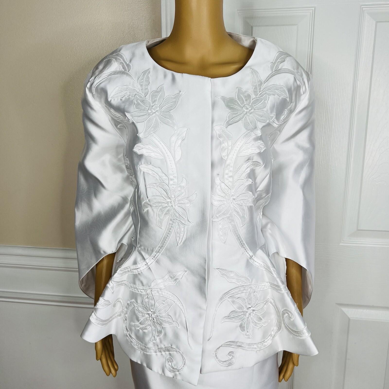 GMI Skirt Suit Size 20W White Lined Embroidered Ruffle Trumpet Sleeves 2PC