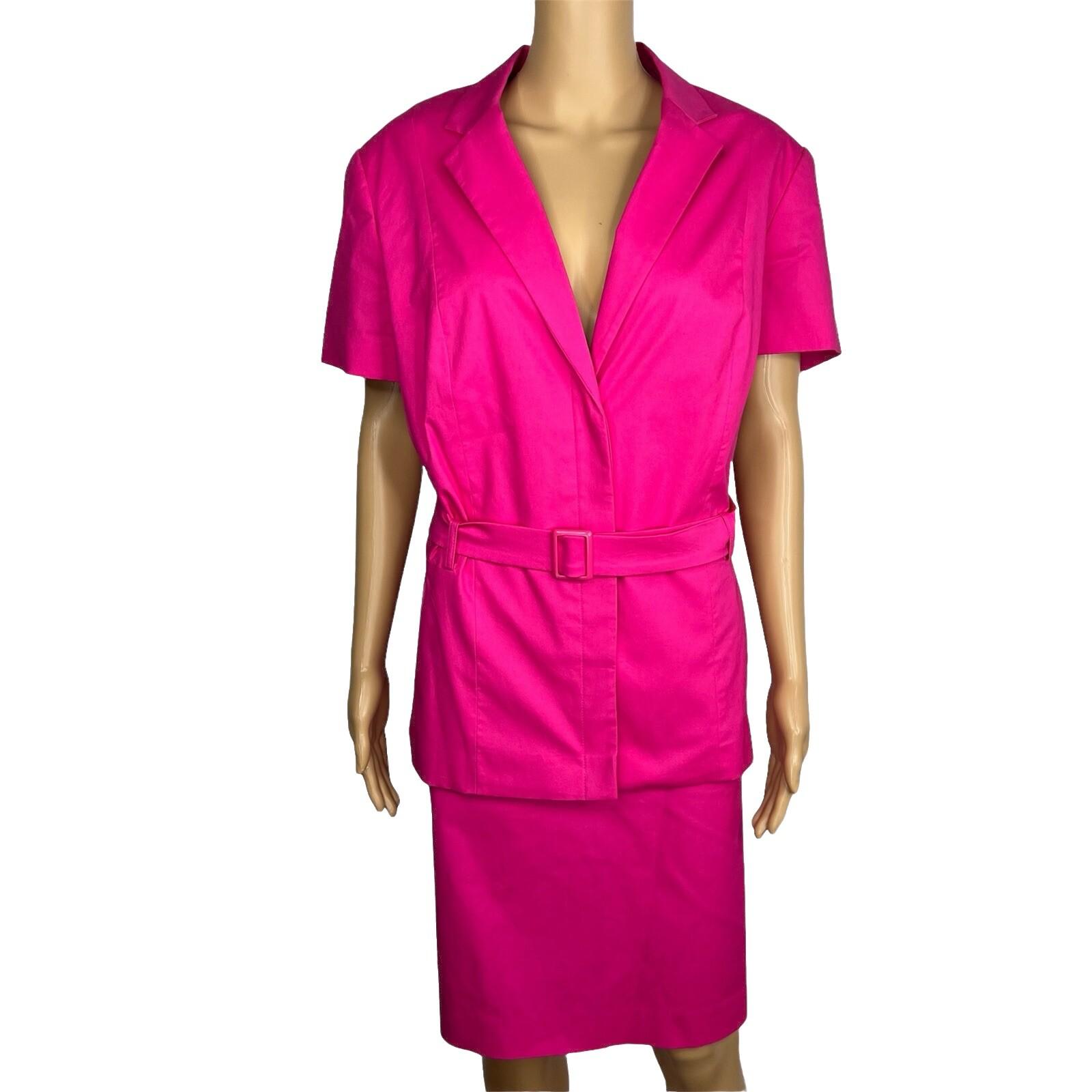 Emily Cotton Stretch Skirt Suit 18 Fuchsia Short Sleeves Belted Pockets 2PC New