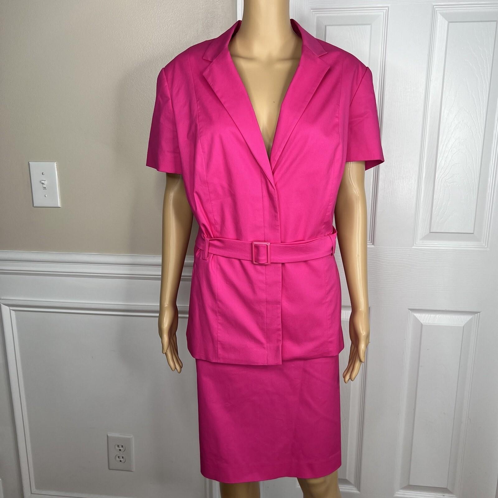 Emily Cotton Stretch Skirt Suit 18 Fuchsia Short Sleeves Belted Pockets 2PC New