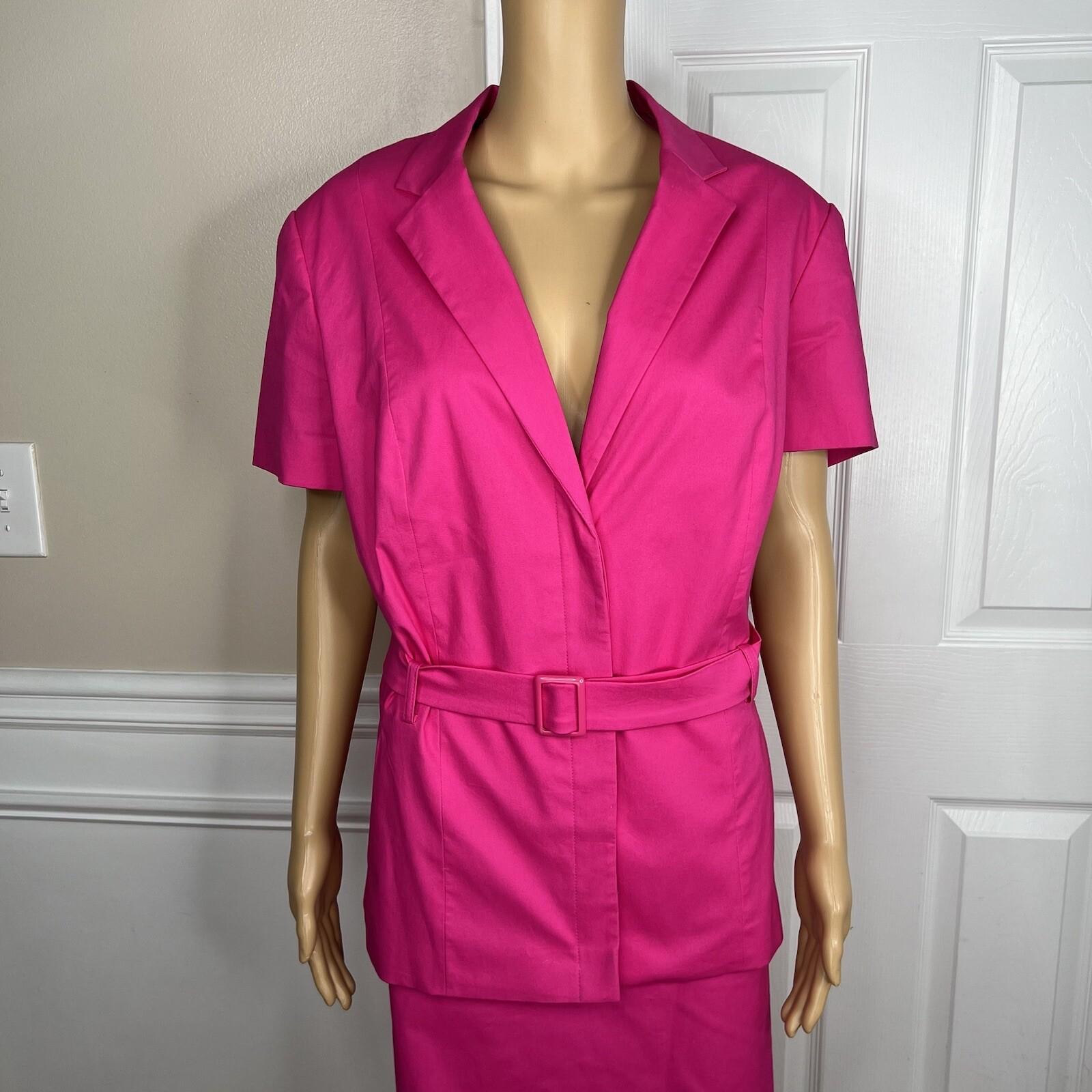 Emily Cotton Stretch Skirt Suit 18 Fuchsia Short Sleeves Belted Pockets 2PC New