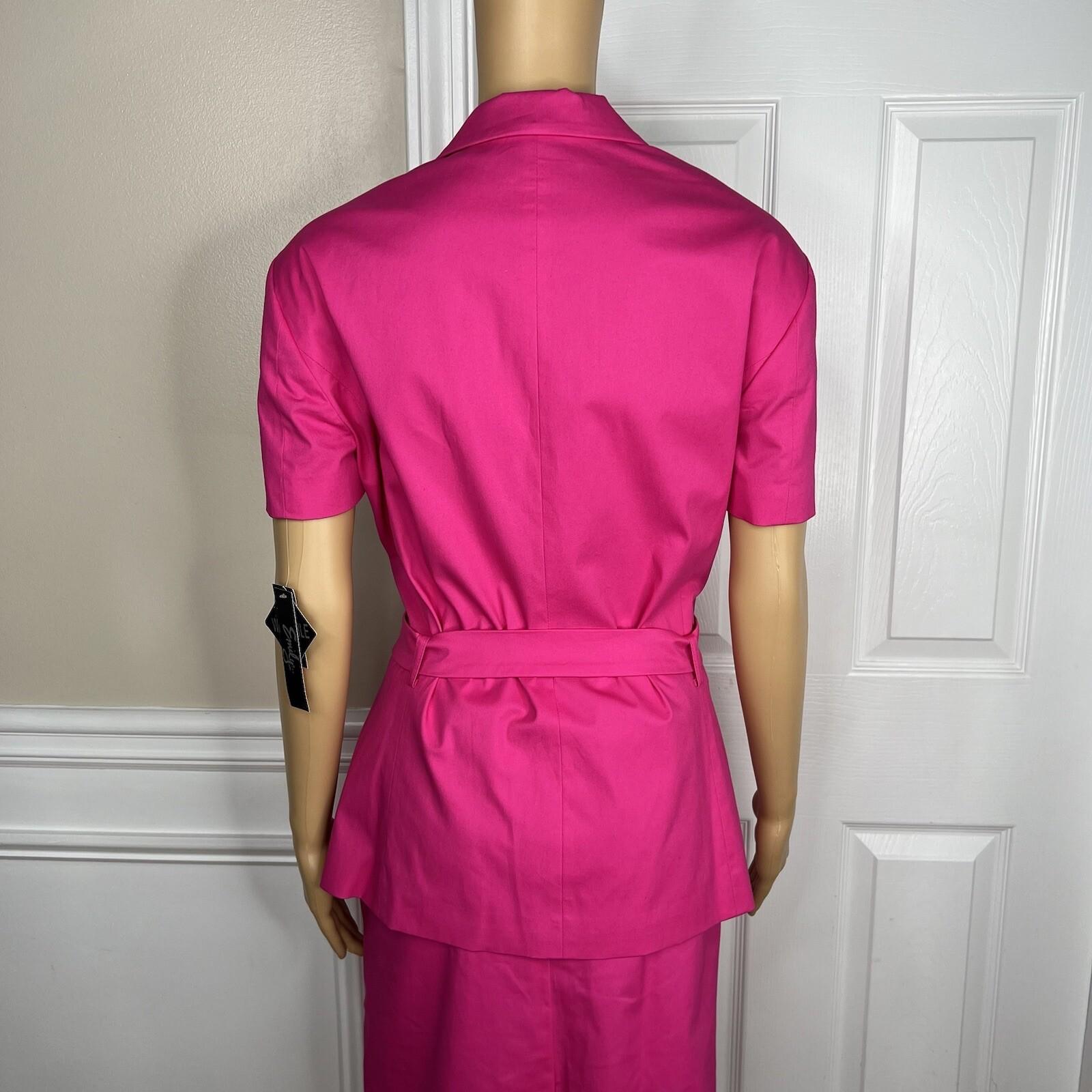 Emily Cotton Stretch Skirt Suit 18 Fuchsia Short Sleeves Belted Pockets 2PC New