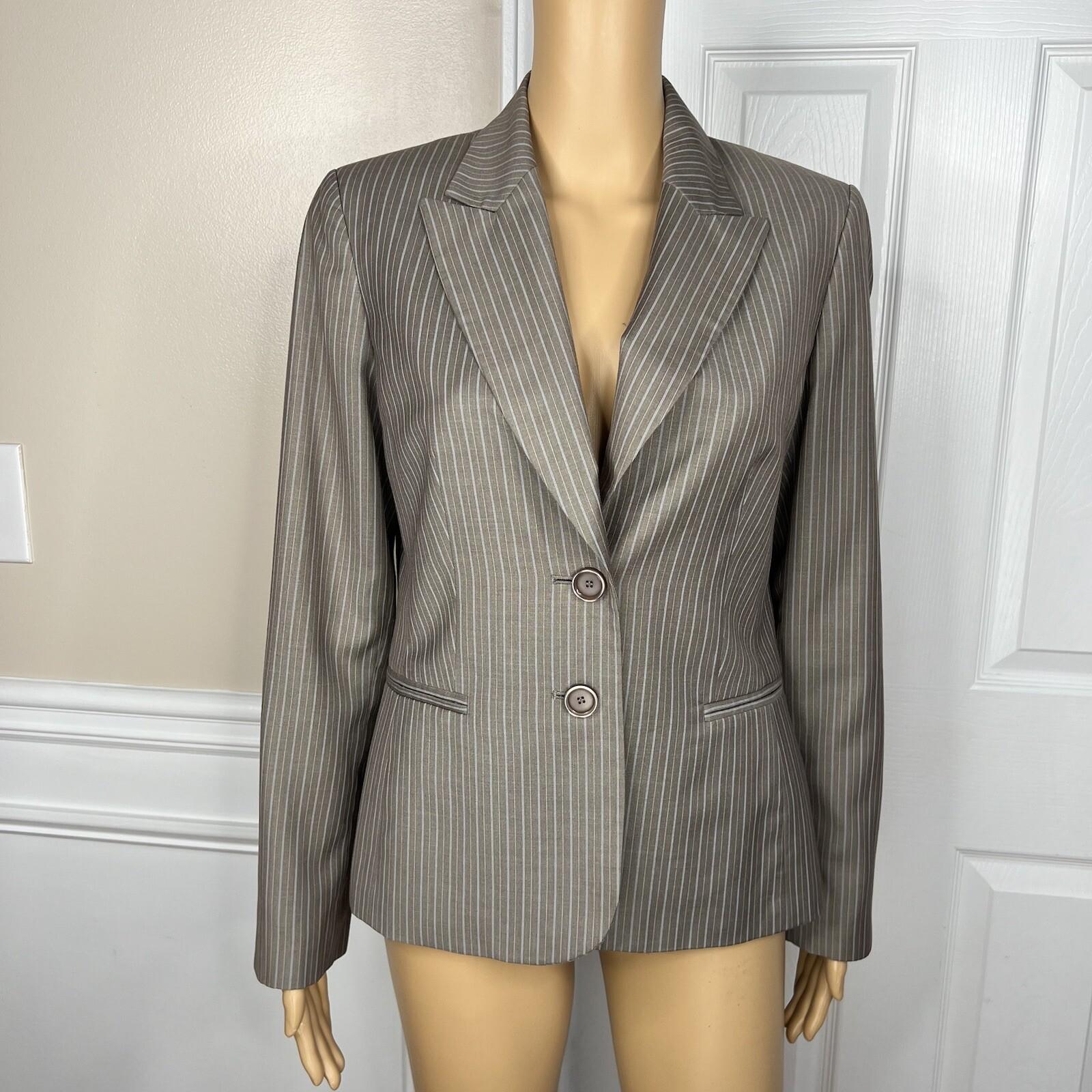 NINE WEST Polyester Rayon Pant Suit 6 Gray Striped Lined Peak Collar 2PC