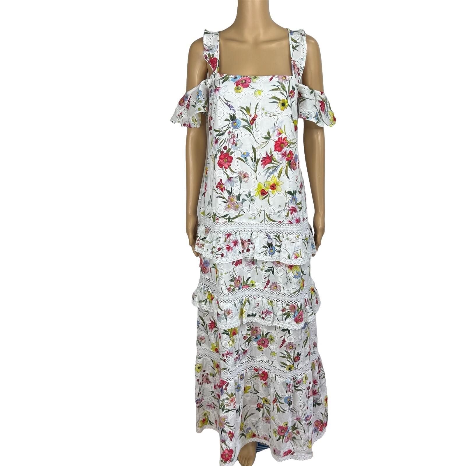 N/Nicholas Daffodil Cotton Dress 4 Broderie White Floral Cold Shoulder Tiered