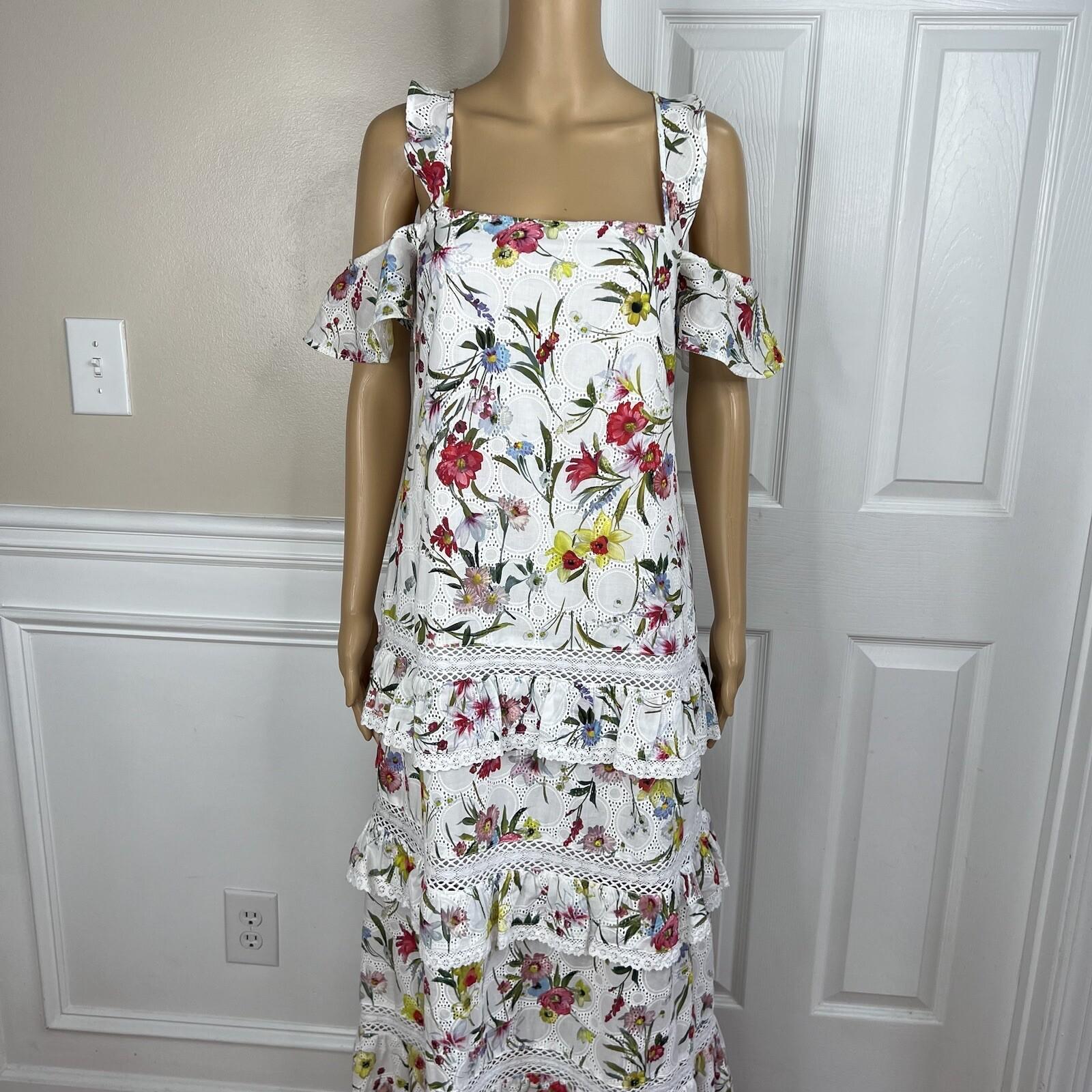 N/Nicholas Daffodil Cotton Dress 4 Broderie White Floral Cold Shoulder Tiered