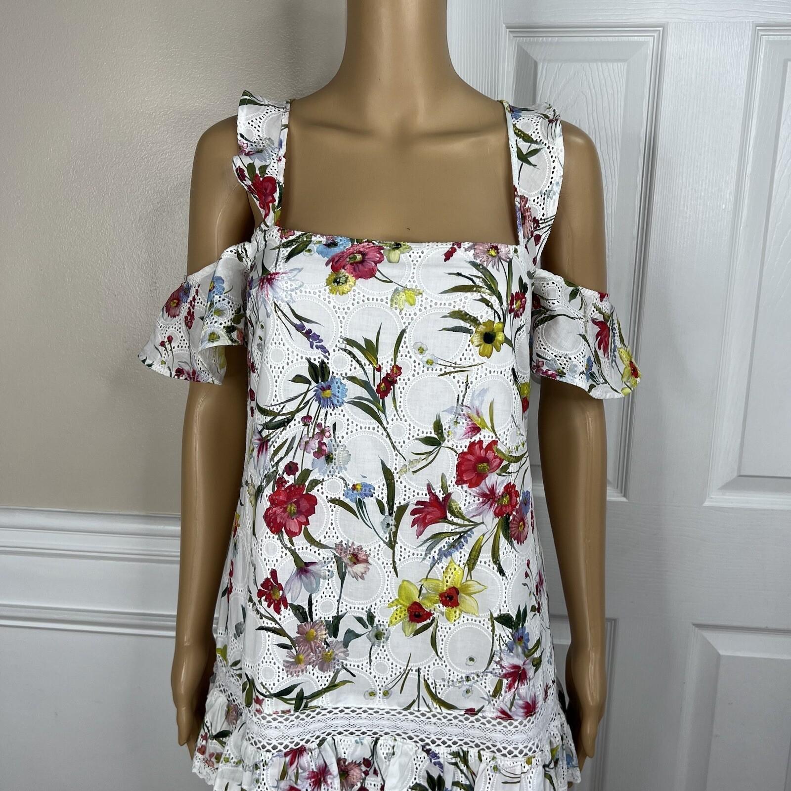 N/Nicholas Daffodil Cotton Dress 4 Broderie White Floral Cold Shoulder Tiered