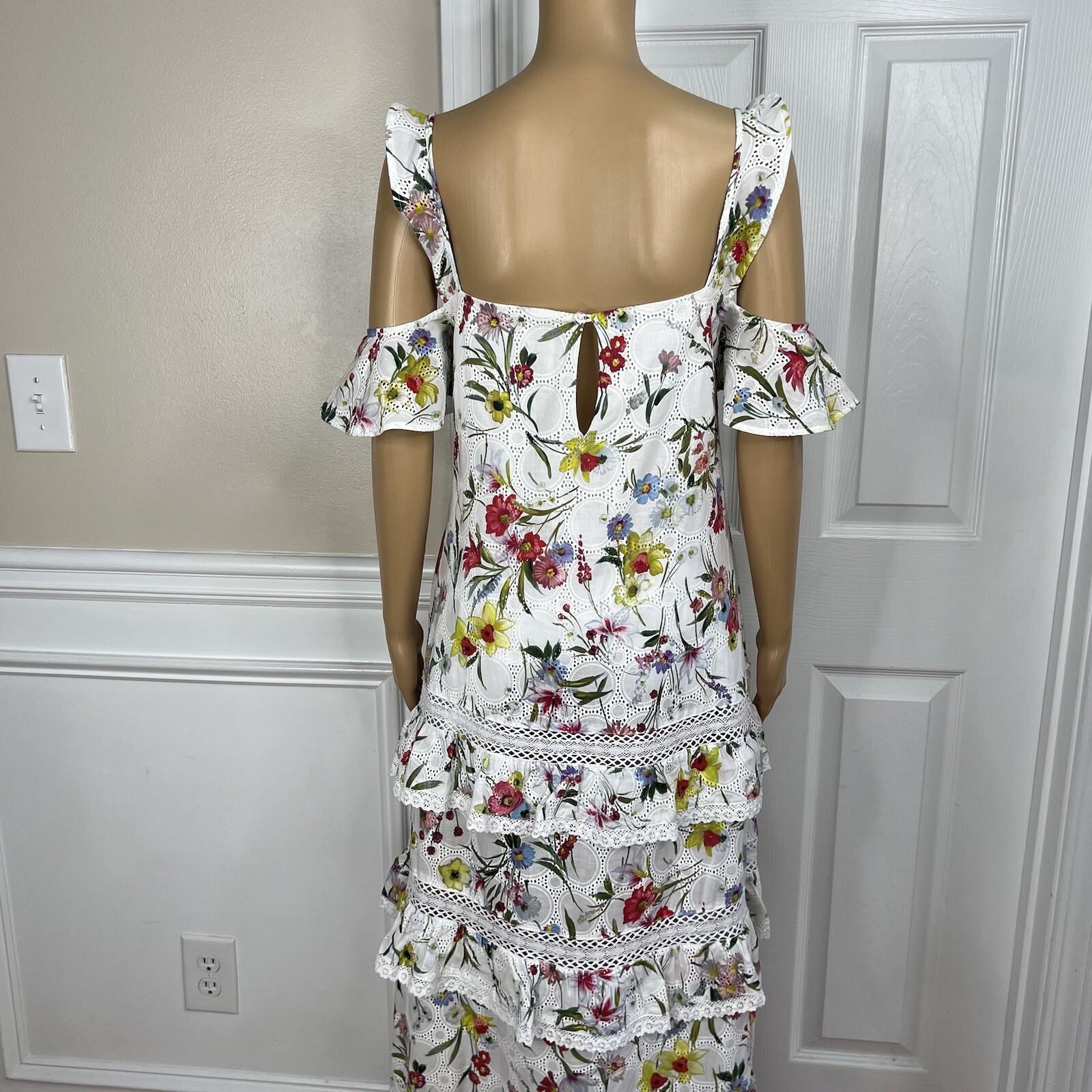 N/Nicholas Daffodil Cotton Dress 4 Broderie White Floral Cold Shoulder Tiered