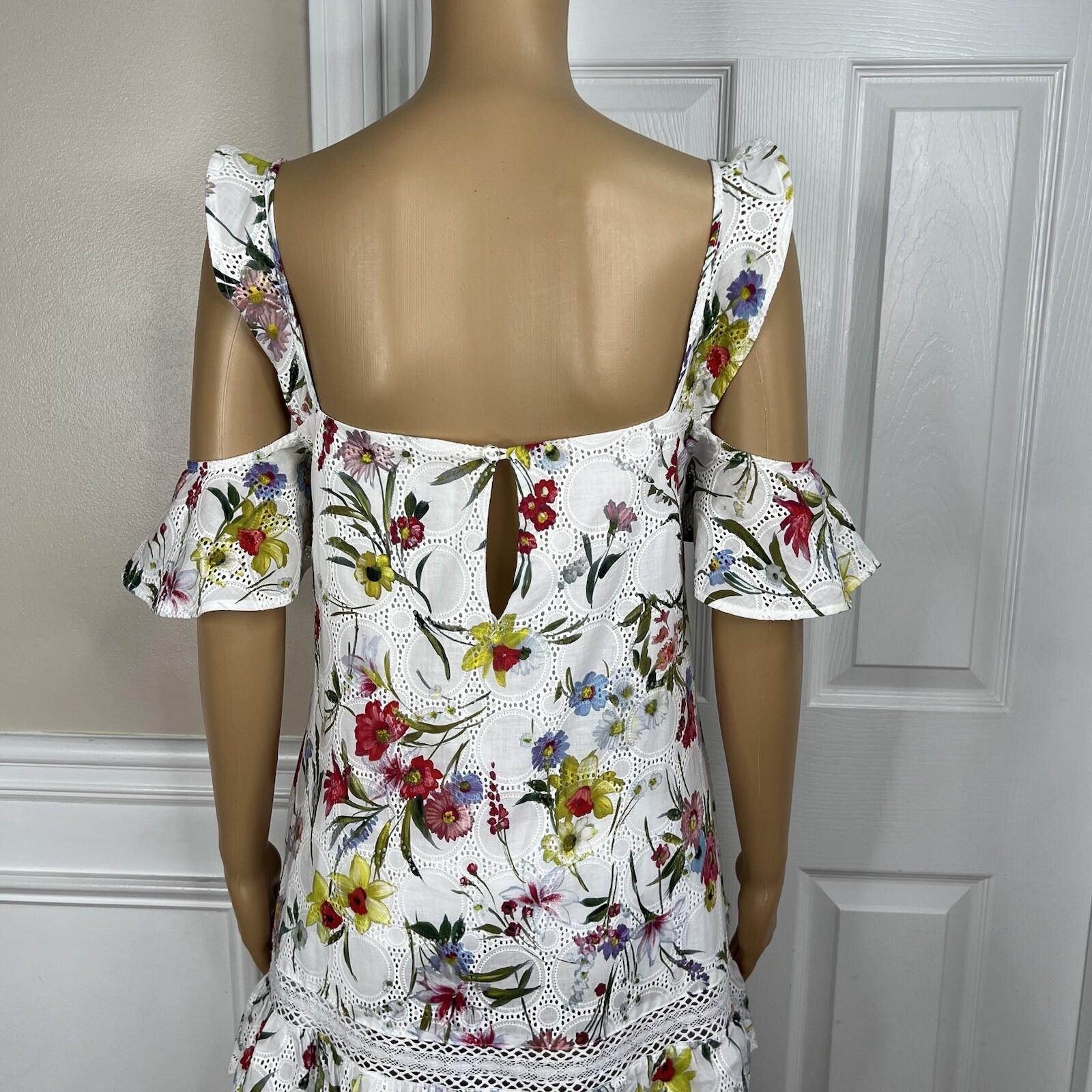 N/Nicholas Daffodil Cotton Dress 4 Broderie White Floral Cold Shoulder Tiered