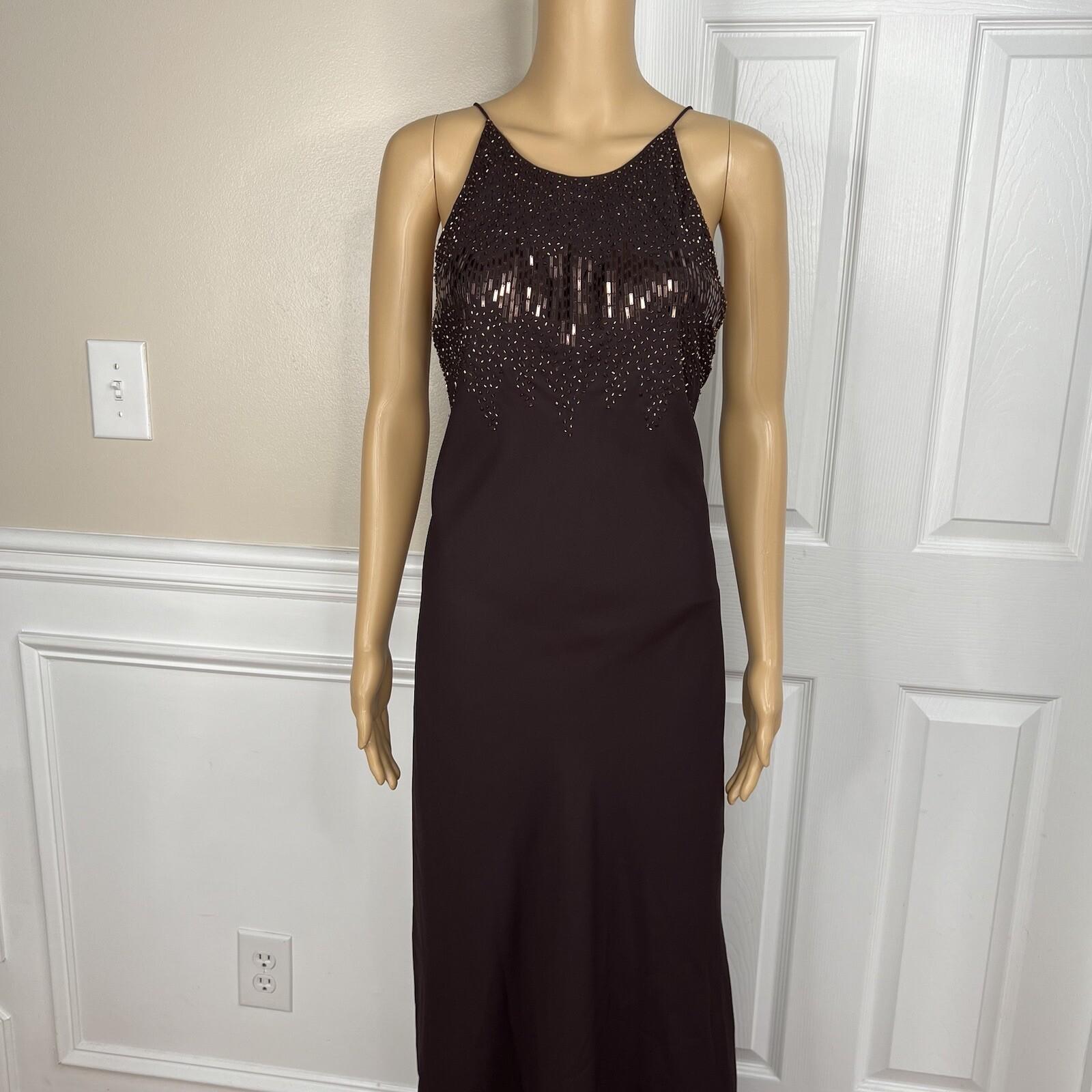 Cachet Silk Like Chiffon Dress Size 14 Brown Y2K Beaded Strappy Gothic Maxi Gown