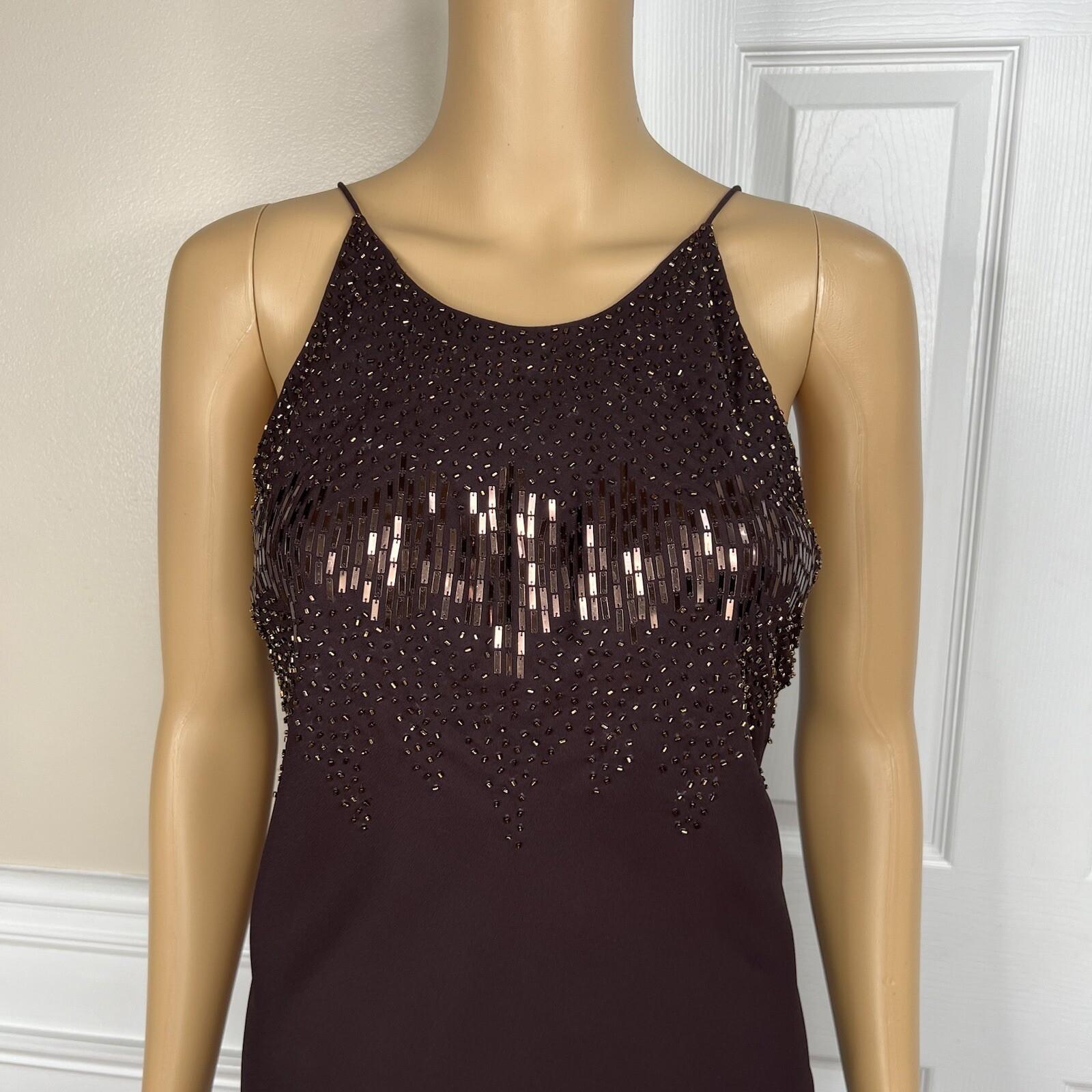 Cachet Silk Like Chiffon Dress Size 14 Brown Y2K Beaded Strappy Gothic Maxi Gown