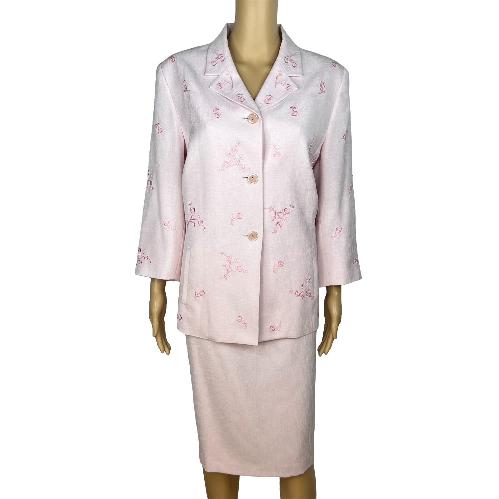 Kasper ASL Polyester Skirt Suit Size 14 Embroidered Light Pink 3/4 Sleeves 2PC