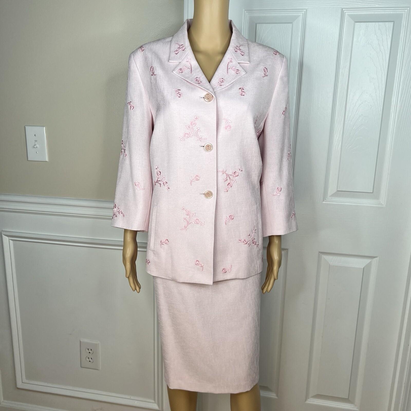 Kasper ASL Polyester Skirt Suit Size 14 Embroidered Light Pink 3/4 Sleeves 2PC