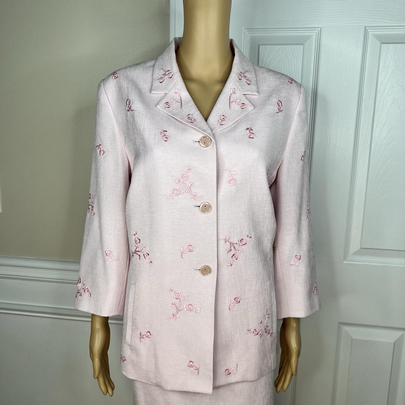 Kasper ASL Polyester Skirt Suit Size 14 Embroidered Light Pink 3/4 Sleeves 2PC