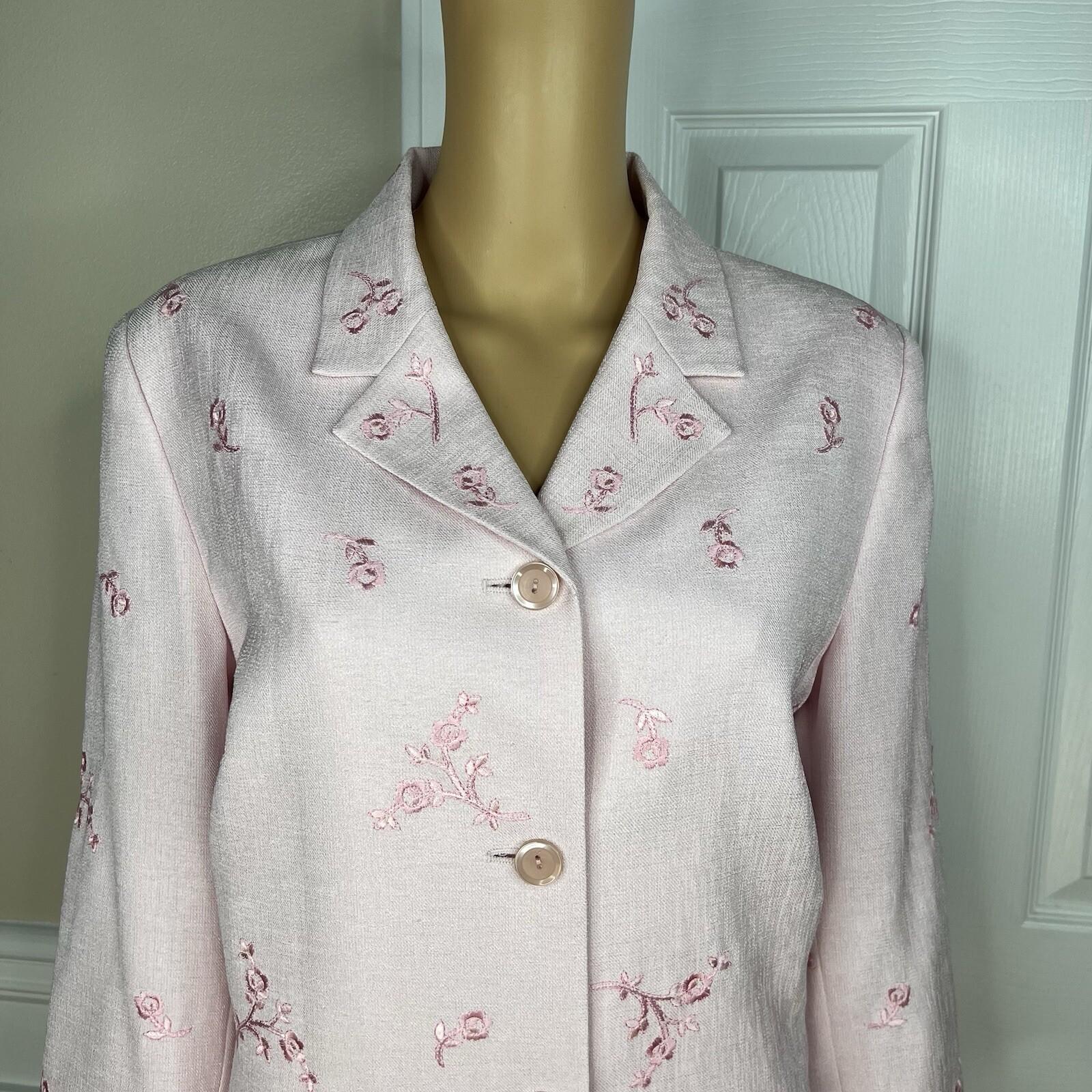 Kasper ASL Polyester Skirt Suit Size 14 Embroidered Light Pink 3/4 Sleeves 2PC