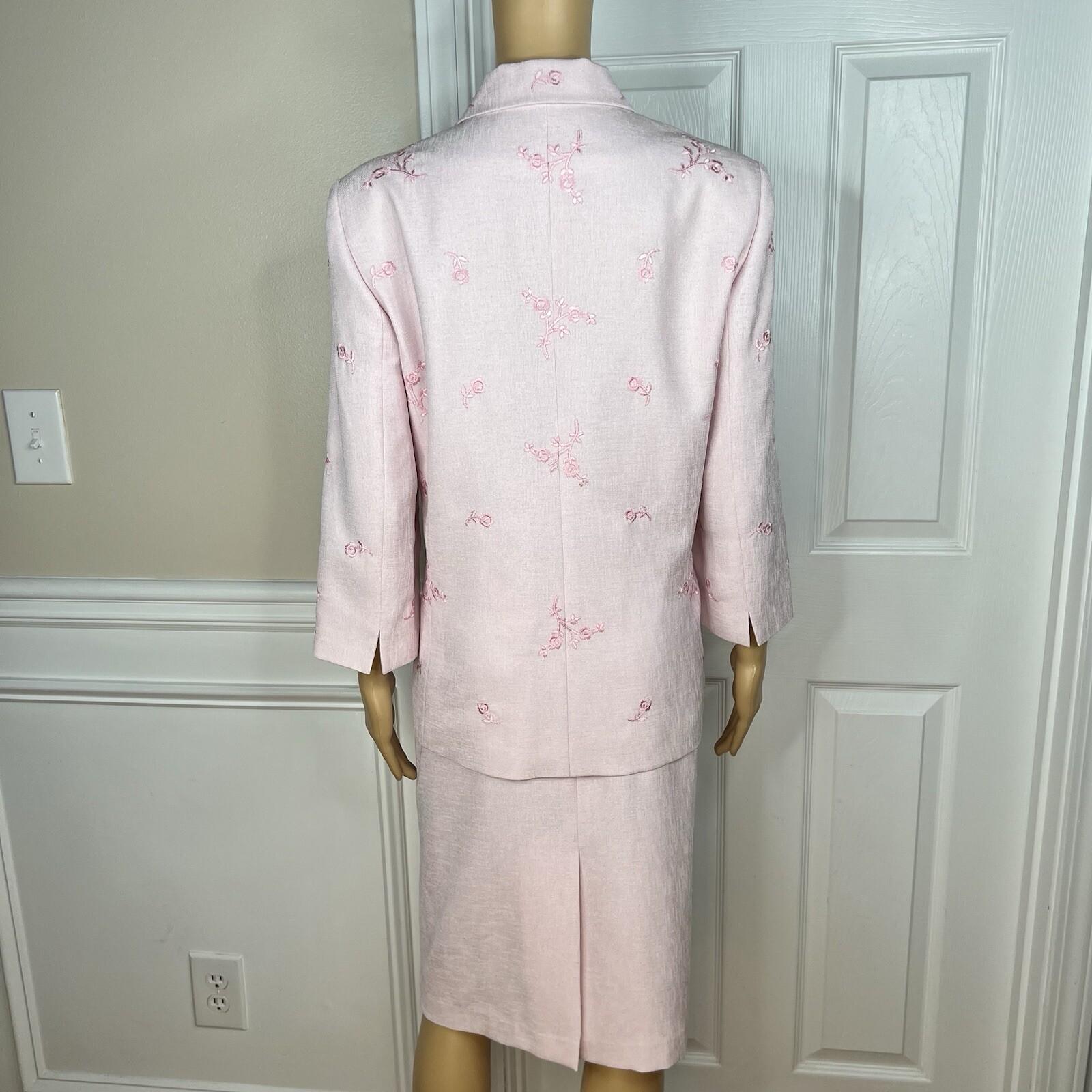 Kasper ASL Polyester Skirt Suit Size 14 Embroidered Light Pink 3/4 Sleeves 2PC