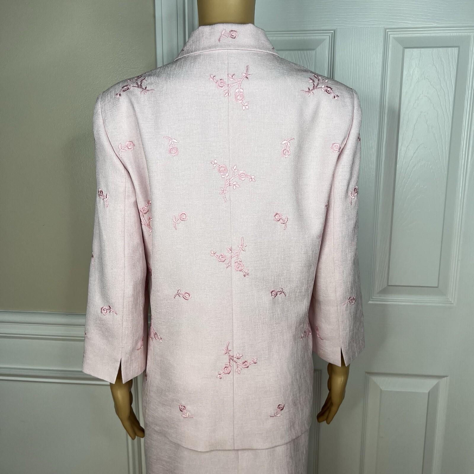 Kasper ASL Polyester Skirt Suit Size 14 Embroidered Light Pink 3/4 Sleeves 2PC