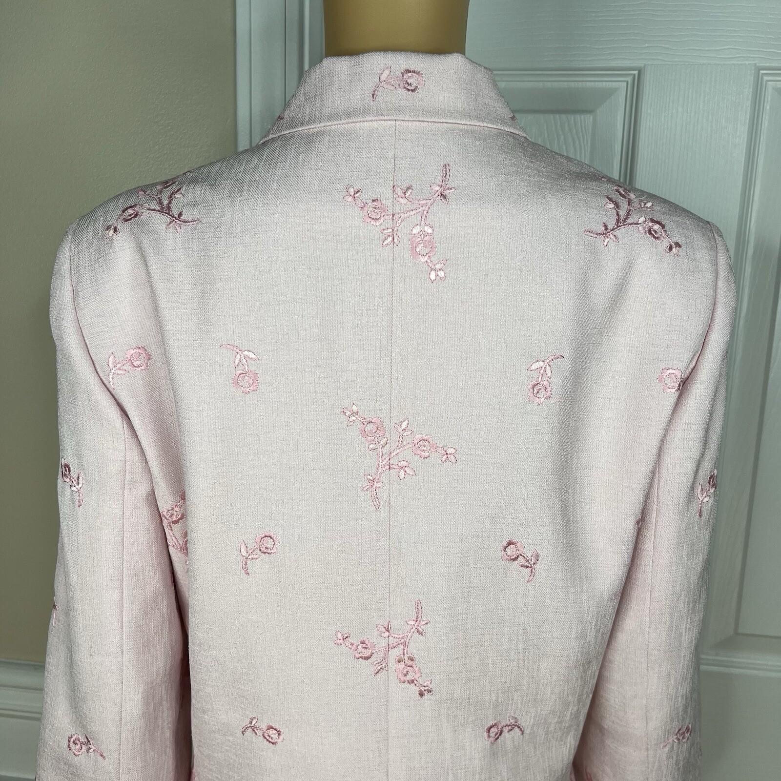Kasper ASL Polyester Skirt Suit Size 14 Embroidered Light Pink 3/4 Sleeves 2PC