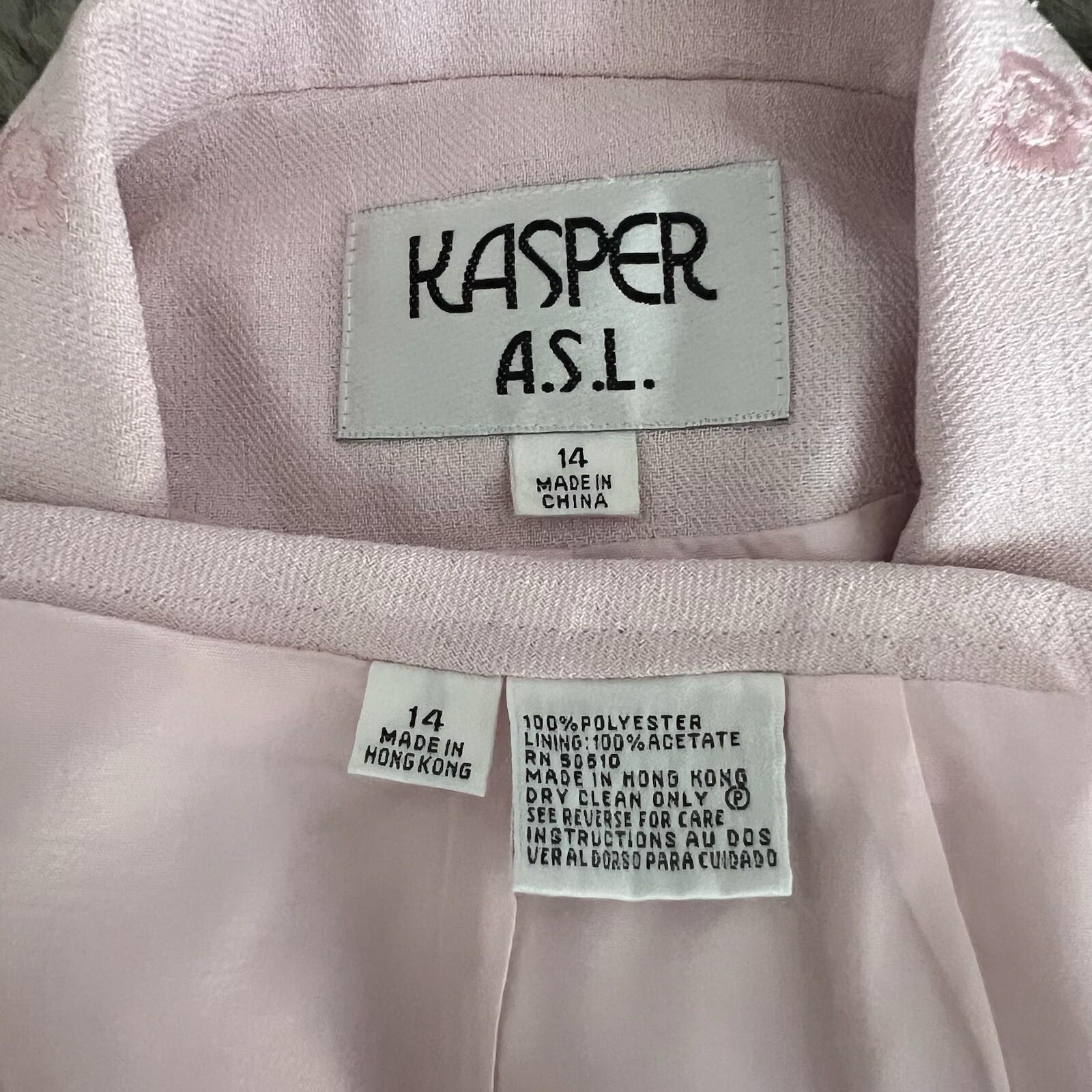 Kasper ASL Polyester Skirt Suit Size 14 Embroidered Light Pink 3/4 Sleeves 2PC