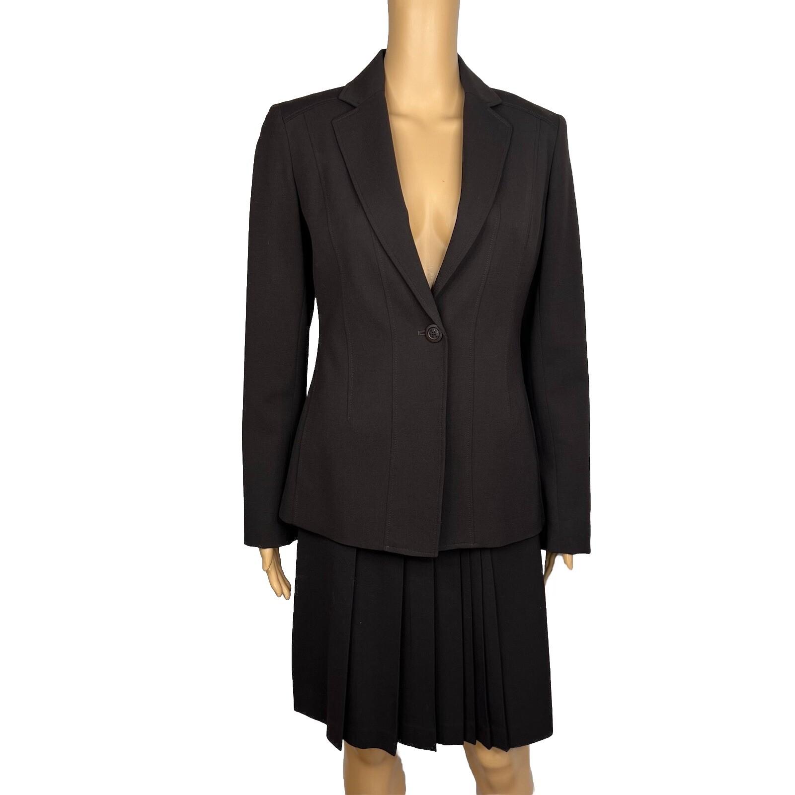 Anne Klein Women Wool Stretch Skirt Suit Size 2 Brown Lined Peak Collar 2PC
