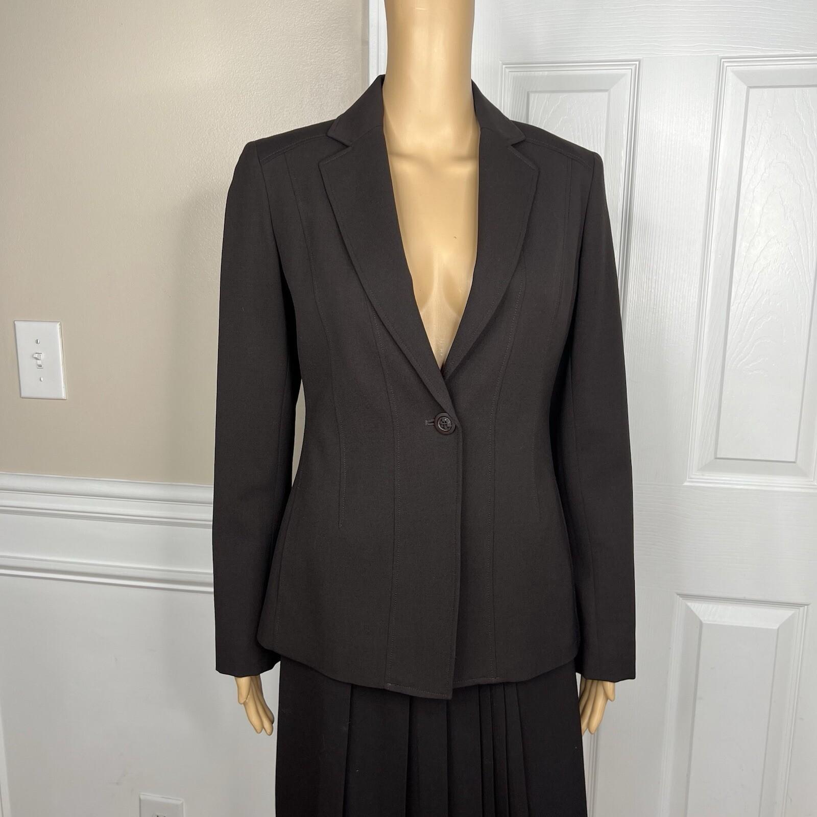 Anne Klein Women Wool Stretch Skirt Suit Size 2 Brown Lined Peak Collar 2PC