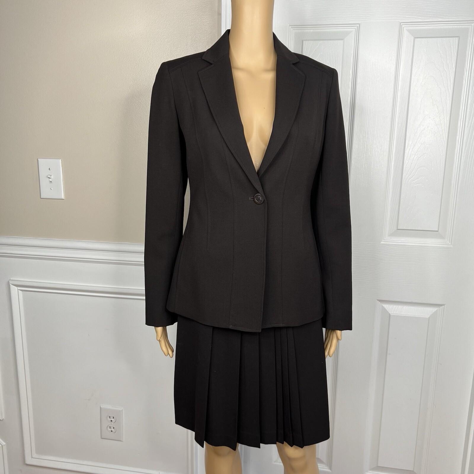 Anne Klein Women Wool Stretch Skirt Suit Size 2 Brown Lined Peak Collar 2PC
