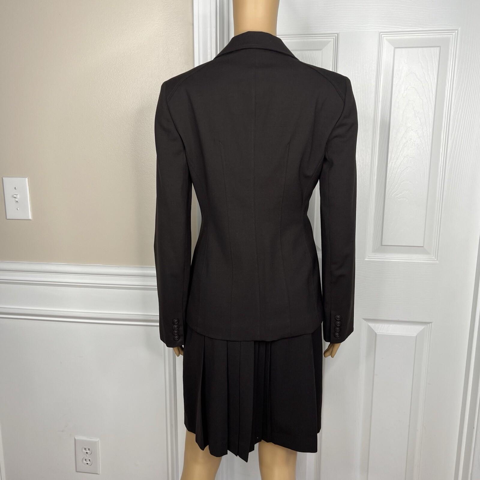 Anne Klein Women Wool Stretch Skirt Suit Size 2 Brown Lined Peak Collar 2PC