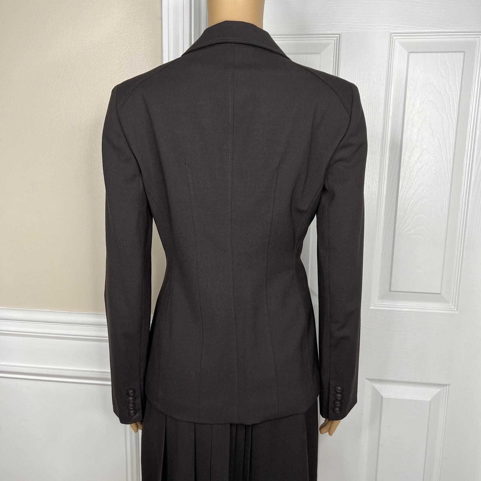 Anne Klein Women Wool Stretch Skirt Suit Size 2 Brown Lined Peak Collar 2PC