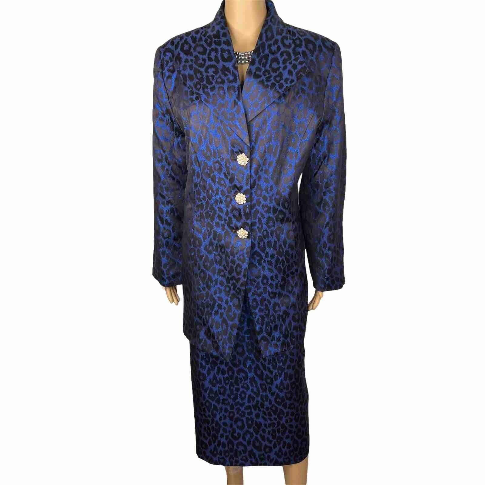 KB Stella Louise Polyester Metallic Skirt Suit 16 Blue Back Shawl Collar 2PC