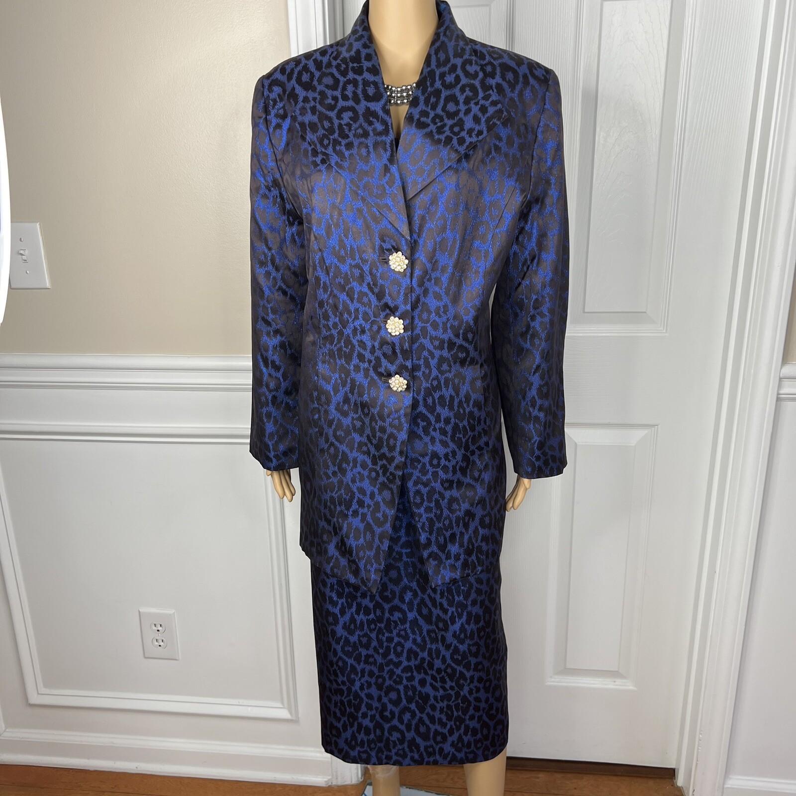 KB Stella Louise Polyester Metallic Skirt Suit 16 Blue Back Shawl Collar 2PC